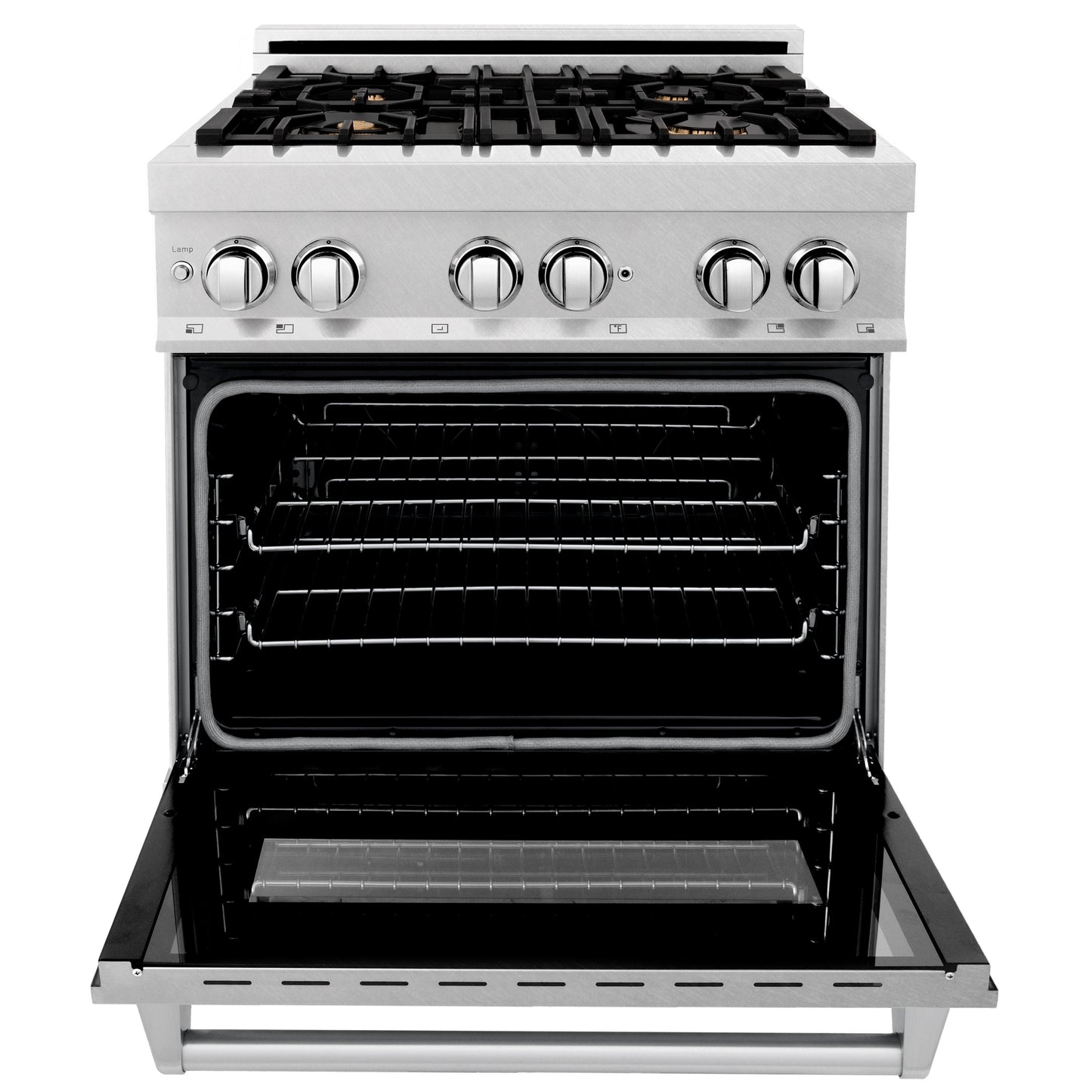 ZLINE 30 in. 4.0 cu. ft. Legacy Dual Fuel Range with Gas Cooktop and Electric Convection Oven in Satin Stainless Steel with 4 Brass Burners and Griddle (RAS-SN-BR-GR-30)