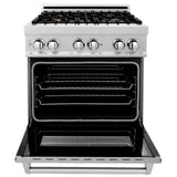ZLINE 30 in. 4.0 cu. ft. Legacy Dual Fuel Range with Gas Cooktop and Electric Convection Oven in Satin Stainless Steel with 4 Brass Burners and Griddle (RAS-SN-BR-GR-30)