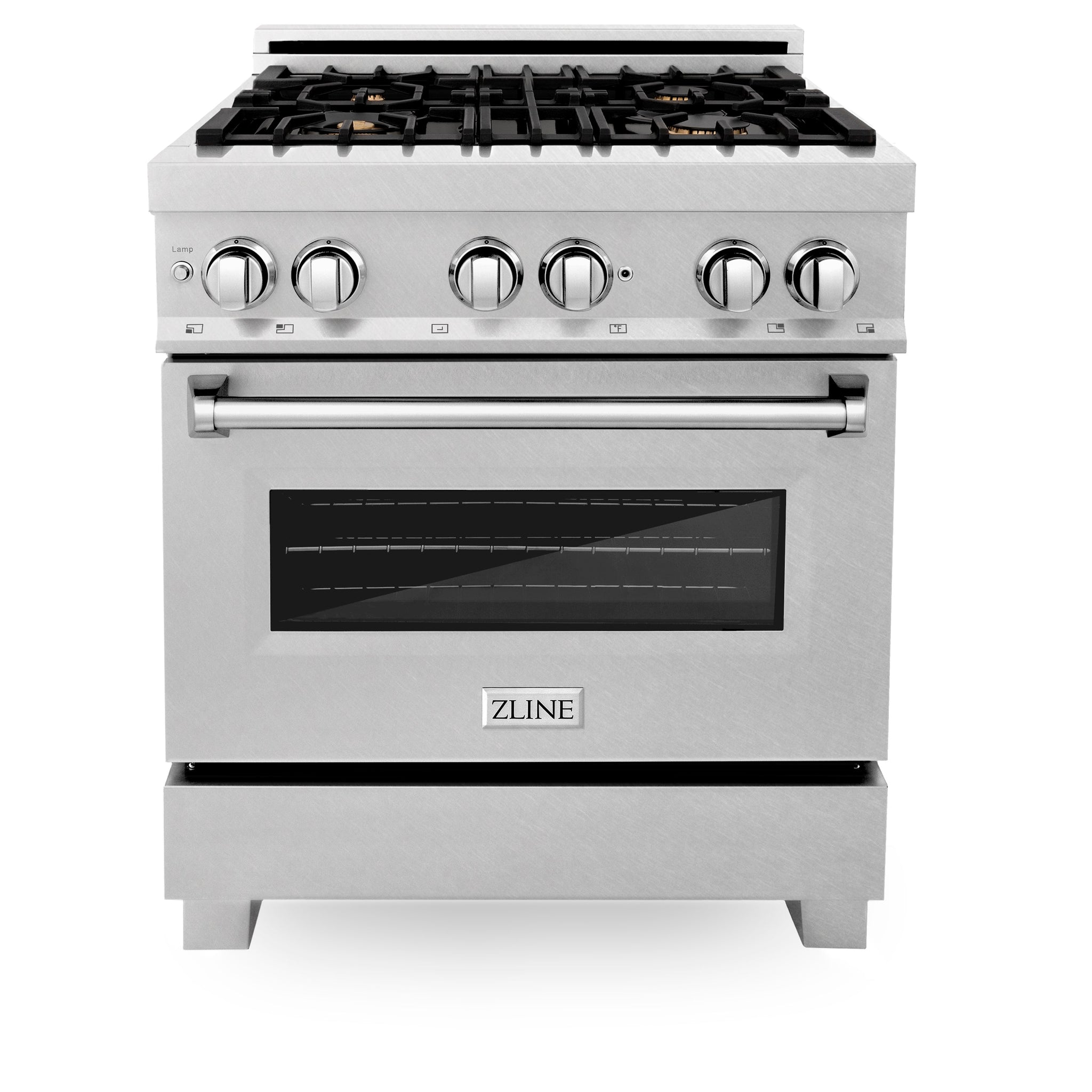 ZLINE 30 in. 4.0 cu. ft. Legacy Dual Fuel Range with Gas Cooktop and Electric Convection Oven in Satin Stainless Steel with 4 Brass Burners and Griddle (RAS-SN-BR-GR-30)