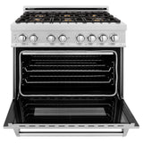 ZLINE 36 in. 4.6 cu. ft. Legacy Dual Fuel Range with Gas Cooktop and Electric Convection Oven in Satin Stainless Steel with 6 Brass Burners and Griddle (RAS-SN-BR-GR-36)