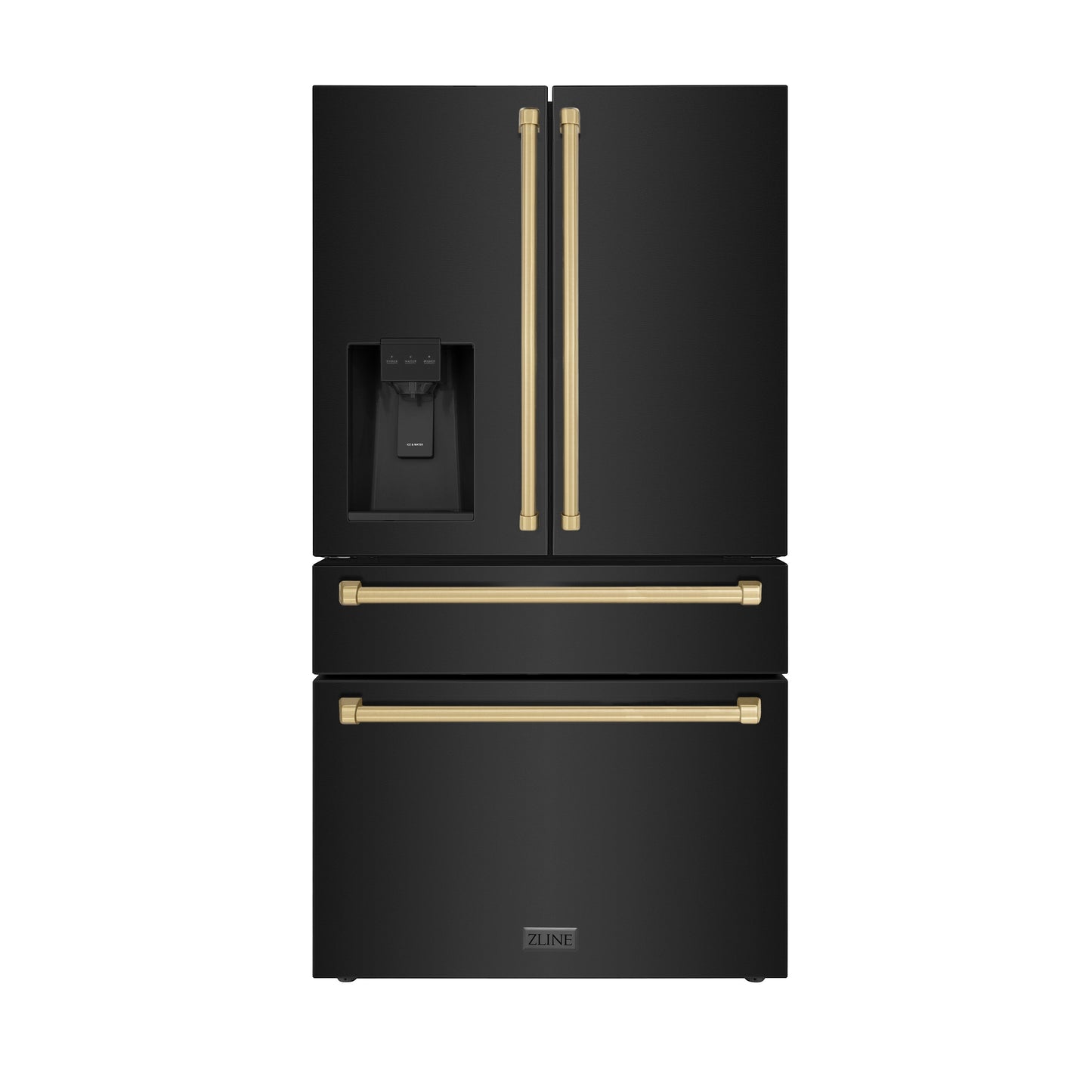 ZLINE Autograph Edition 36 in. 21.6 cu. ft Counter-Depth French Door Refrigerator with Water and Ice Dispenser in Fingerprint-Resistant Black Stainless Steel with Champagne Bronze Traditional Handles (RFMZ-W-36-BS-CB)