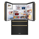 ZLINE Autograph Edition 36 in. 21.6 cu. ft. Counter-Depth French Door Refrigerator with Water and Ice Dispenser in Fingerprint-Resistant Black Stainless Steel with Polished Gold Traditional Handles (RFMZ-W-36-BS-G)