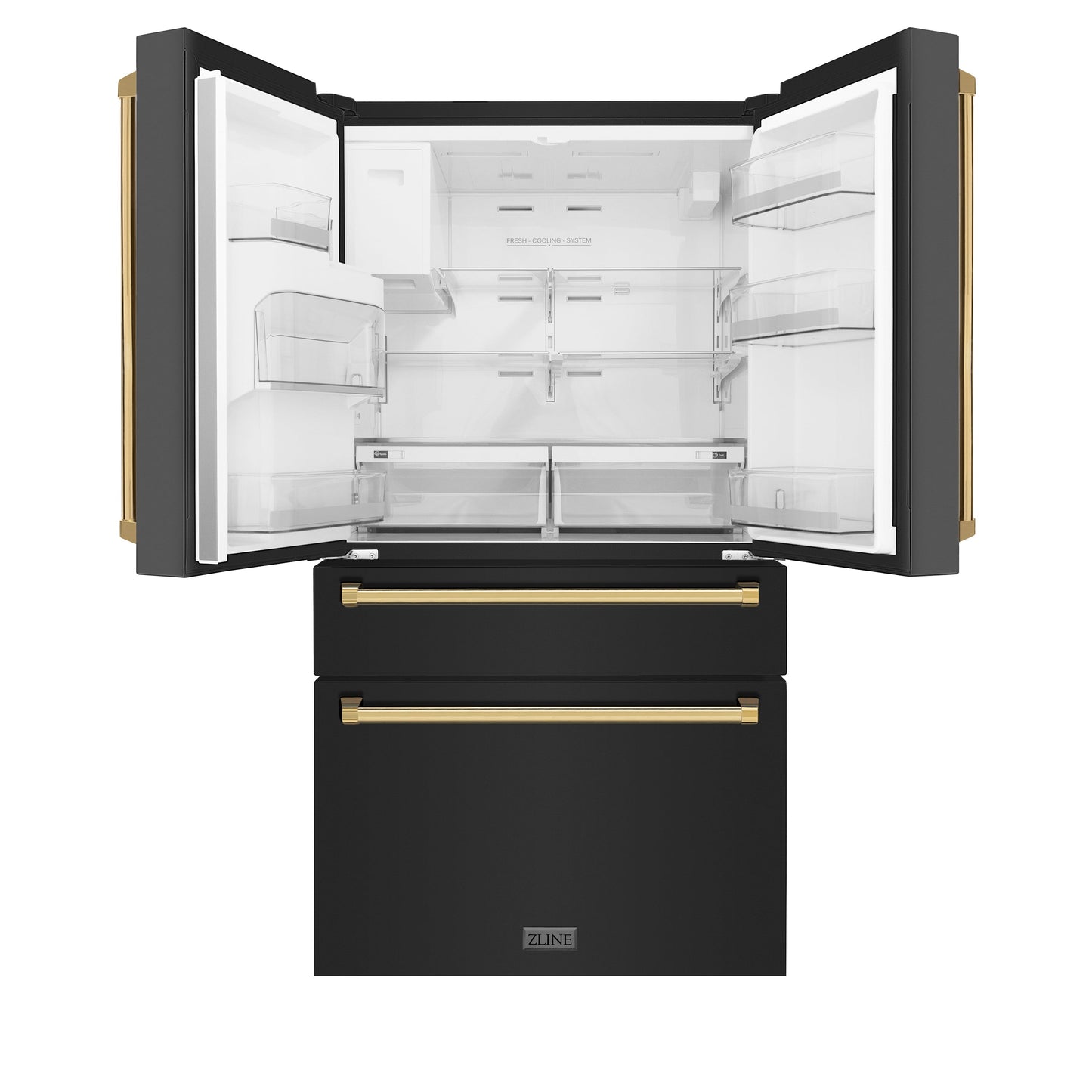 ZLINE Autograph Edition 36 in. 21.6 cu. ft. Counter-Depth French Door Refrigerator with Water and Ice Dispenser in Fingerprint-Resistant Black Stainless Steel with Polished Gold Traditional Handles (RFMZ-W-36-BS-G)