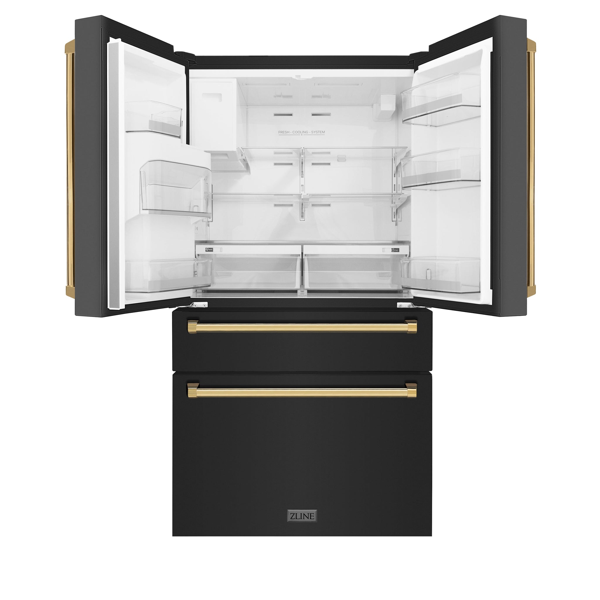 ZLINE Autograph Edition 36 in. 21.6 cu. ft. Counter-Depth French Door Refrigerator with Water and Ice Dispenser in Fingerprint-Resistant Black Stainless Steel with Polished Gold Traditional Handles (RFMZ-W-36-BS-G)