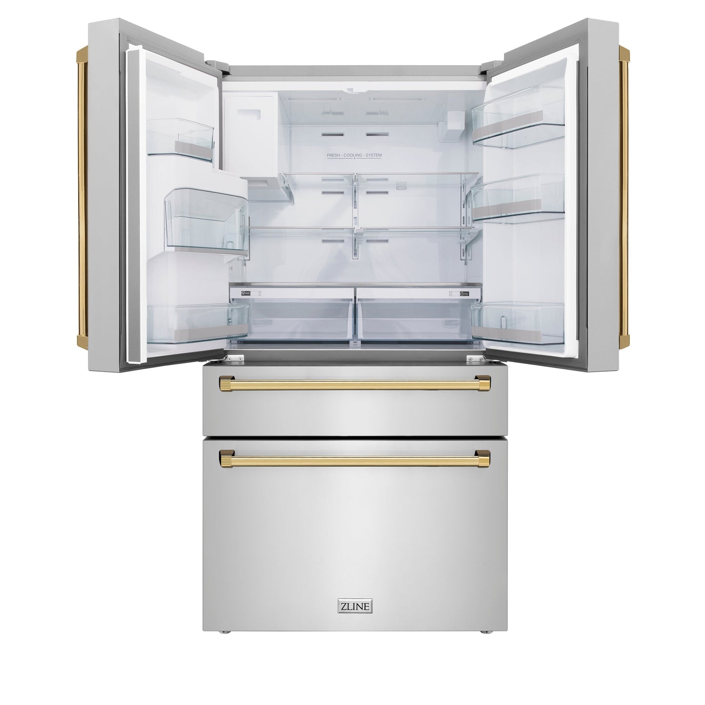 ZLINE Autograph Edition 36 in. 21.6 cu. ft. Counter-Depth French Door Refrigerator with Water and Ice Dispenser in Fingerprint-Resistant Stainless Steel with Polished Gold Traditional Handles (RFMZ-W-36-G)