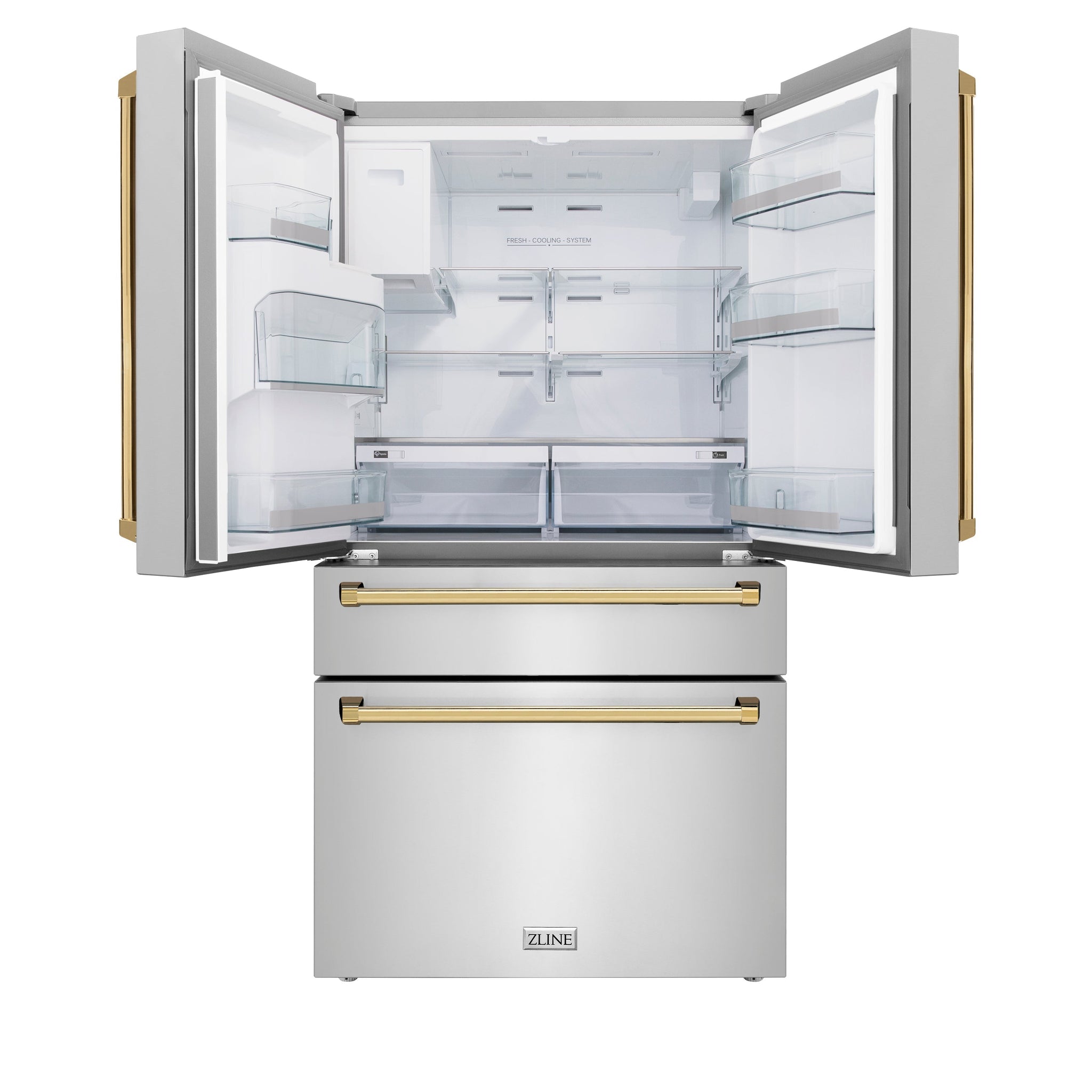 ZLINE Autograph Edition 36 in. 21.6 cu. ft. Counter-Depth French Door Refrigerator with Water and Ice Dispenser in Fingerprint-Resistant Stainless Steel with Polished Gold Traditional Handles (RFMZ-W-36-G)