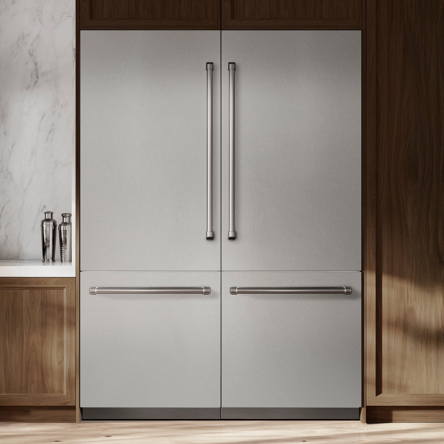 ZLINE 60 in. 32.2 cu. ft. French Door Built-In Bottom Freezer Refrigerator with Water Dispensers and Ice Makers in Satin Stainless Steel with Graphite Gray Interior (GRBIV-SN-60)