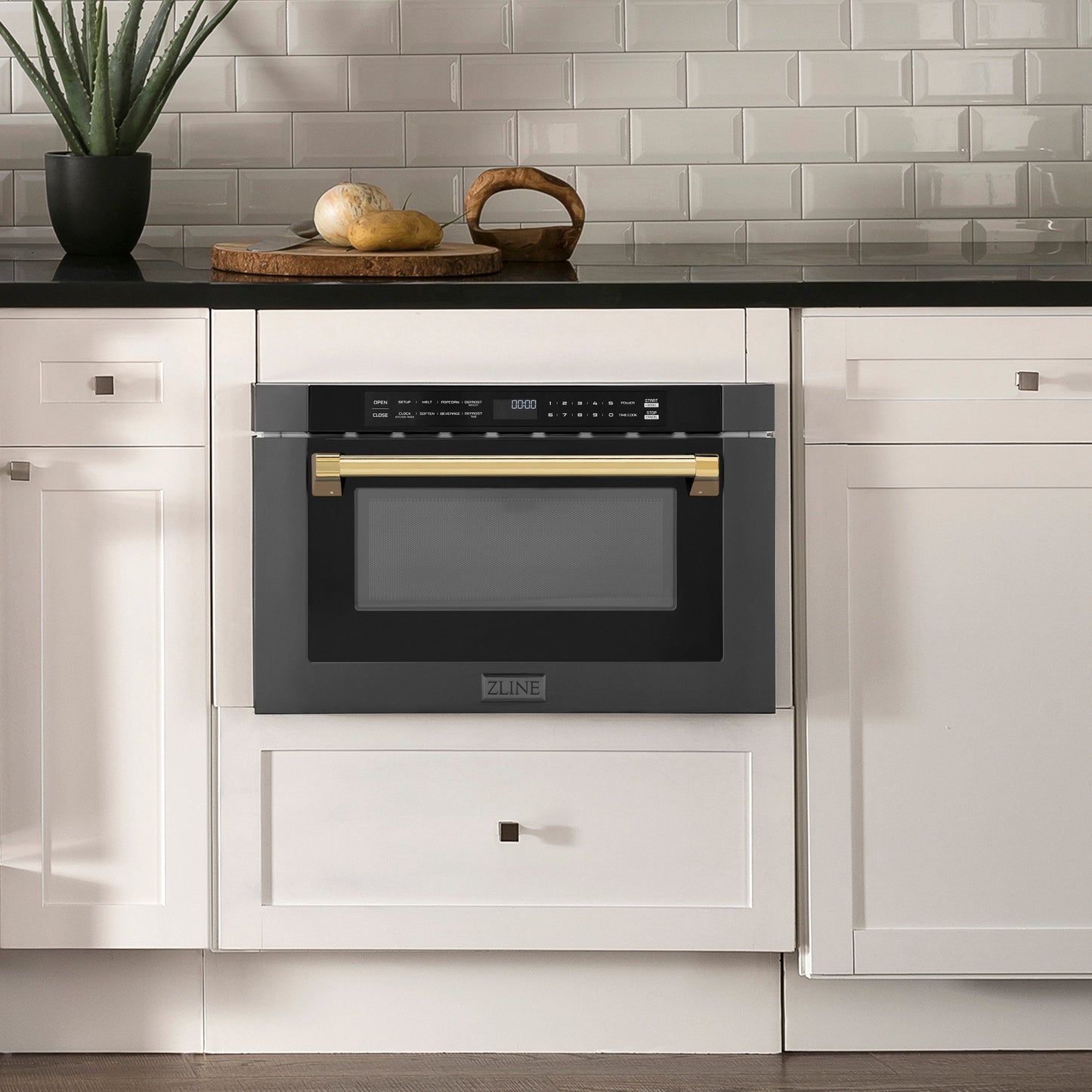 ZLINE Autograph Edition 24" 1.2 cu. ft. Built-in Microwave Drawer in Black Stainless Steel and Polished Gold  Accents (MWDZ-1-BS-H-G)