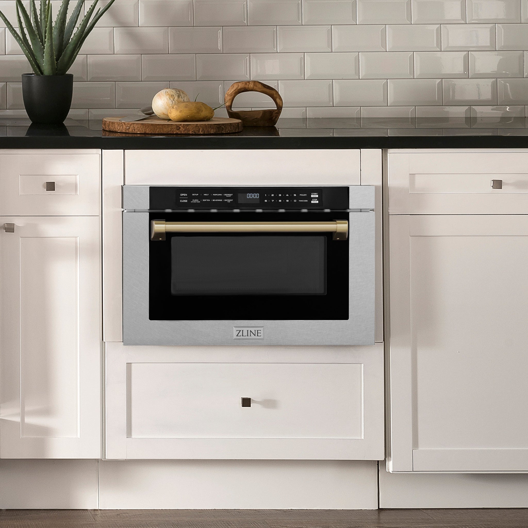 ZLINE Autograph Edition 24 in. 1.2 cu. ft. Built-in Microwave Drawer with a Traditional Handle in Satin Stainless Steel and Champagne Bronze Accents (MWDZ-1-SS-H-CB)