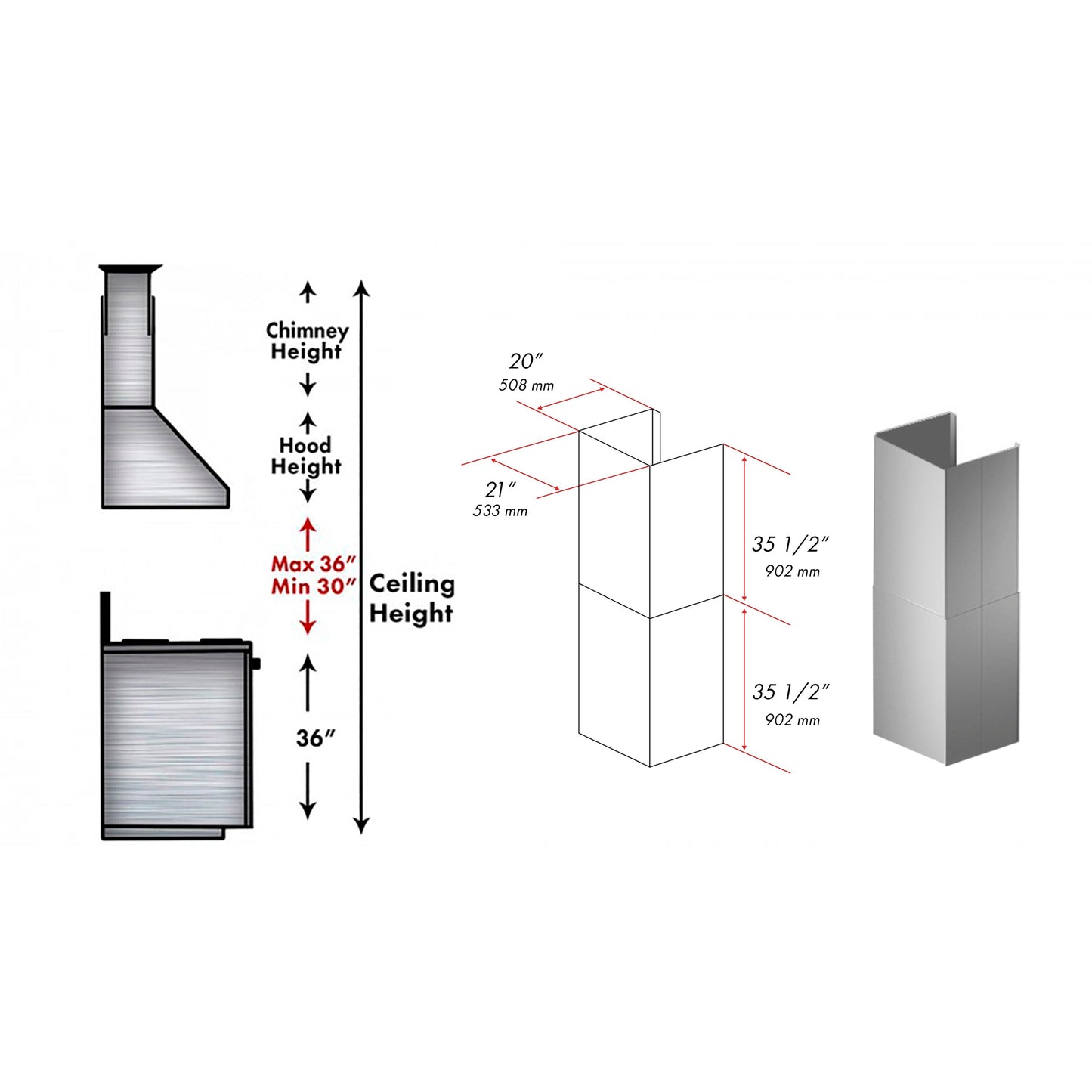 ZLINE 2 Piece 36 in. Chimney Extensions for Wall Mount Outdoor Grill Hood (2PEXT-GOW36)