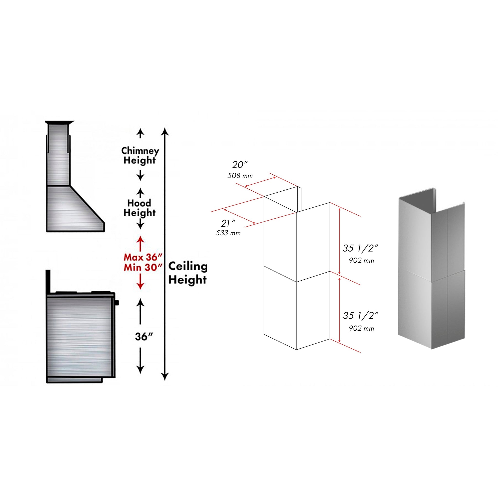 ZLINE 2 Piece 36 in. Chimney Extensions for Wall Mount Outdoor Grill Hood (2PEXT-GOW36)