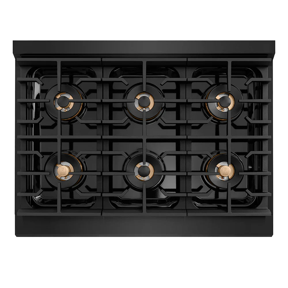 ZLINE Autograph Edition 36 in. 5.2 cu. ft. Paramount Gas Range with 6 Burner DuoPro™ Cooktop and Convection Gas Oven in Black Stainless Steel and Champagne Bronze Accents (PSGRBZ-36-CB)