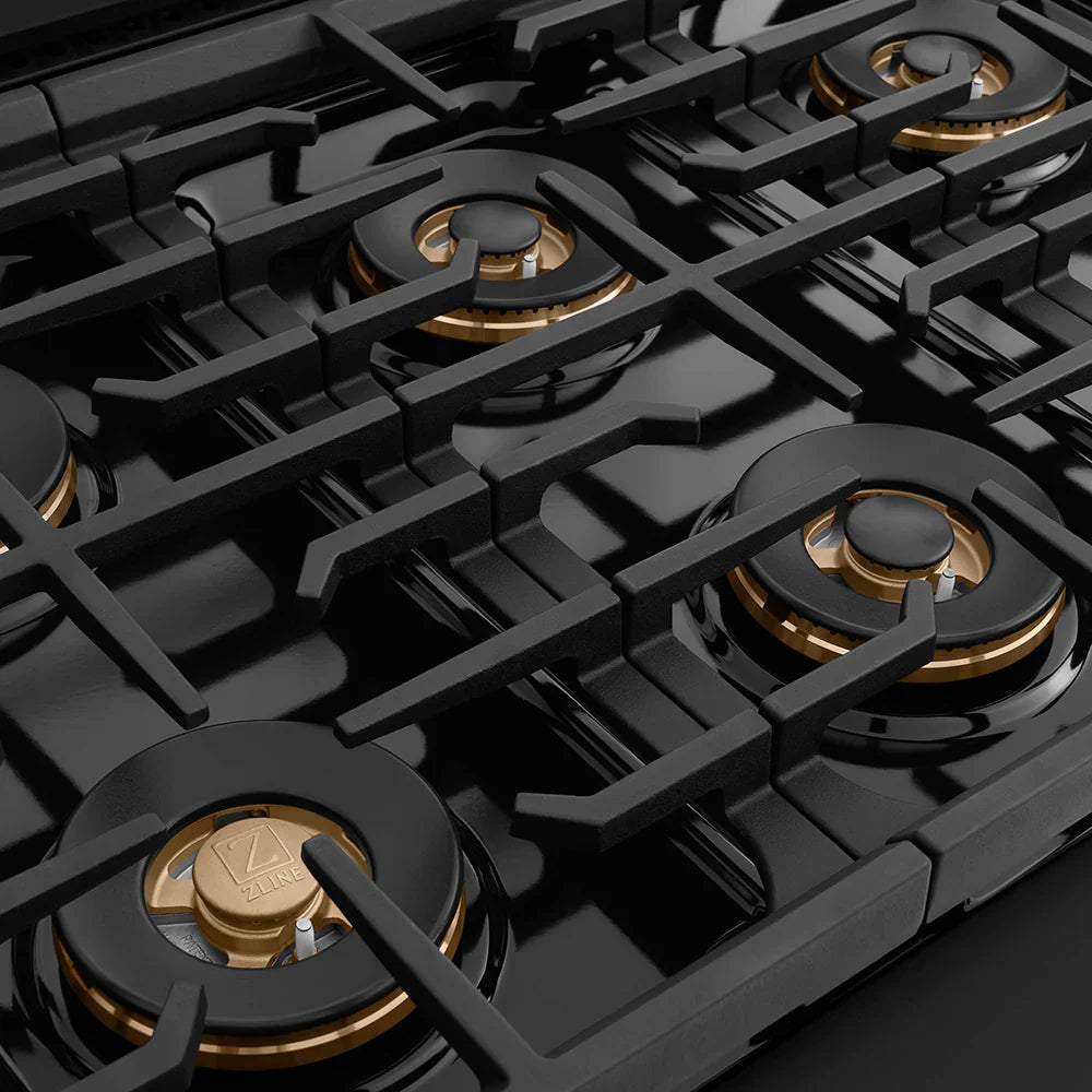 ZLINE Autograph Edition 48 in. 6.7 cu. ft. Paramount Gas Range with 8 Burner DuoPro™ Cooktop and Dual Ovens in Black Stainless Steel and Polished Gold Accents (PSGRBZ-48-G)