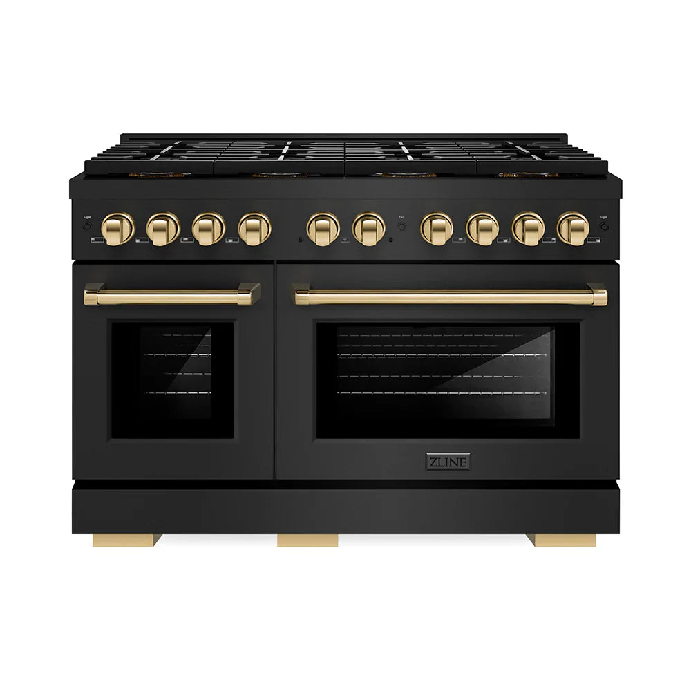 ZLINE Autograph Edition 48 in. 6.7 cu. ft. Paramount Gas Range with 8 Burner DuoPro™ Cooktop and Dual Ovens in Black Stainless Steel and Polished Gold Accents (PSGRBZ-48-G)