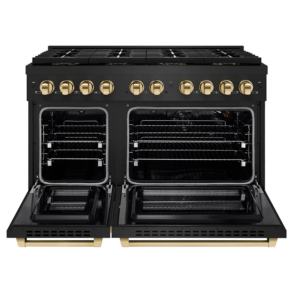ZLINE Autograph Edition 48 in. 6.7 cu. ft. Paramount Gas Range with 8 Burner DuoPro™ Cooktop and Dual Ovens in Black Stainless Steel and Polished Gold Accents (PSGRBZ-48-G)