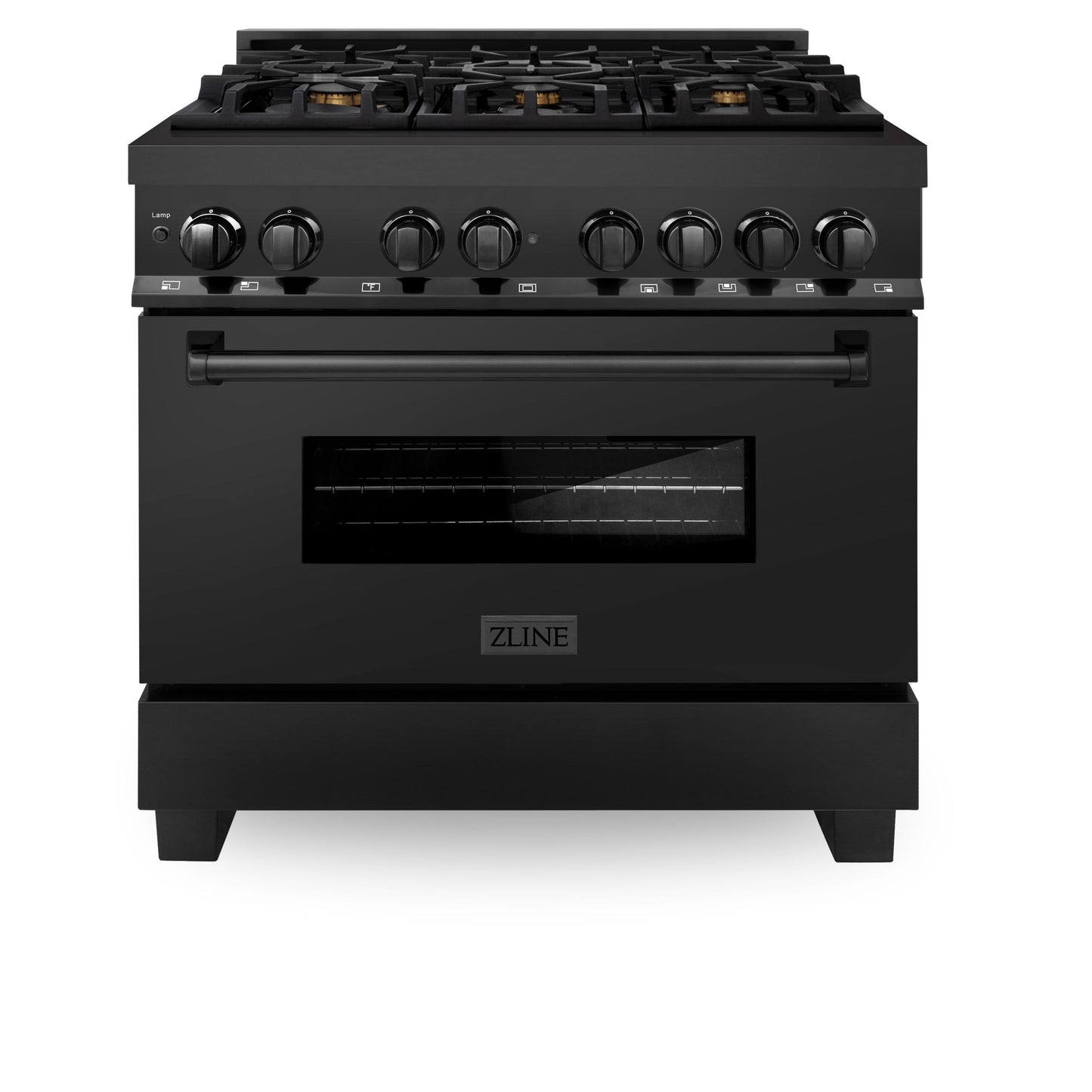 ZLINE 36 in. 4.6 cu. ft. Legacy Dual Fuel Range with Gas Cooktop and Electric Convection Oven in Black Stainless Steel with 6 Brass Burners (RAB-BR-36)