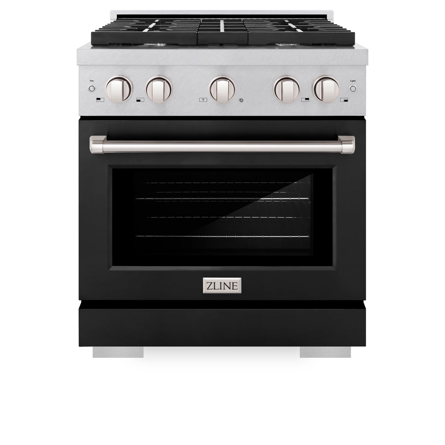 ZLINE 30 in. 4.2 cu. ft. Paramount Dual Fuel Range with 4 Burner Gas Cooktop and Electric Convection Oven in Satin Stainless Steel with Black Matte Door (SDRS-BLM-30)