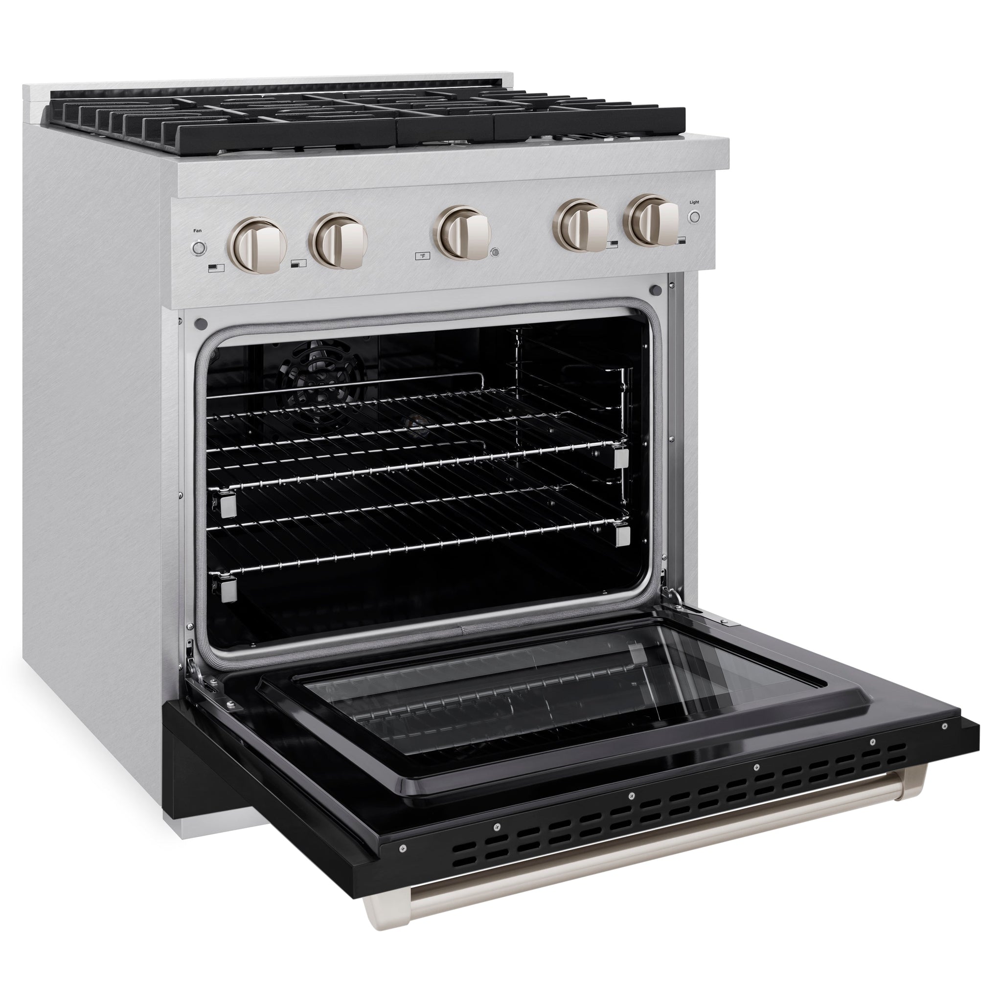 ZLINE 30 in. 4.2 cu. ft. Paramount Dual Fuel Range with 4 Burner Gas Cooktop and Electric Convection Oven in Satin Stainless Steel with Black Matte Door (SDRS-BLM-30)