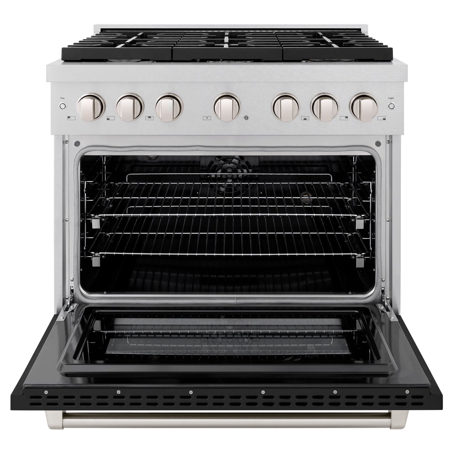 ZLINE 36 in. 5.2 cu. ft. Paramount Dual Fuel Range with 6 Burner Gas Cooktop and Electric Convection Oven in Satin Stainless Steel with Black Matte Door (SDRS-BLM-36)