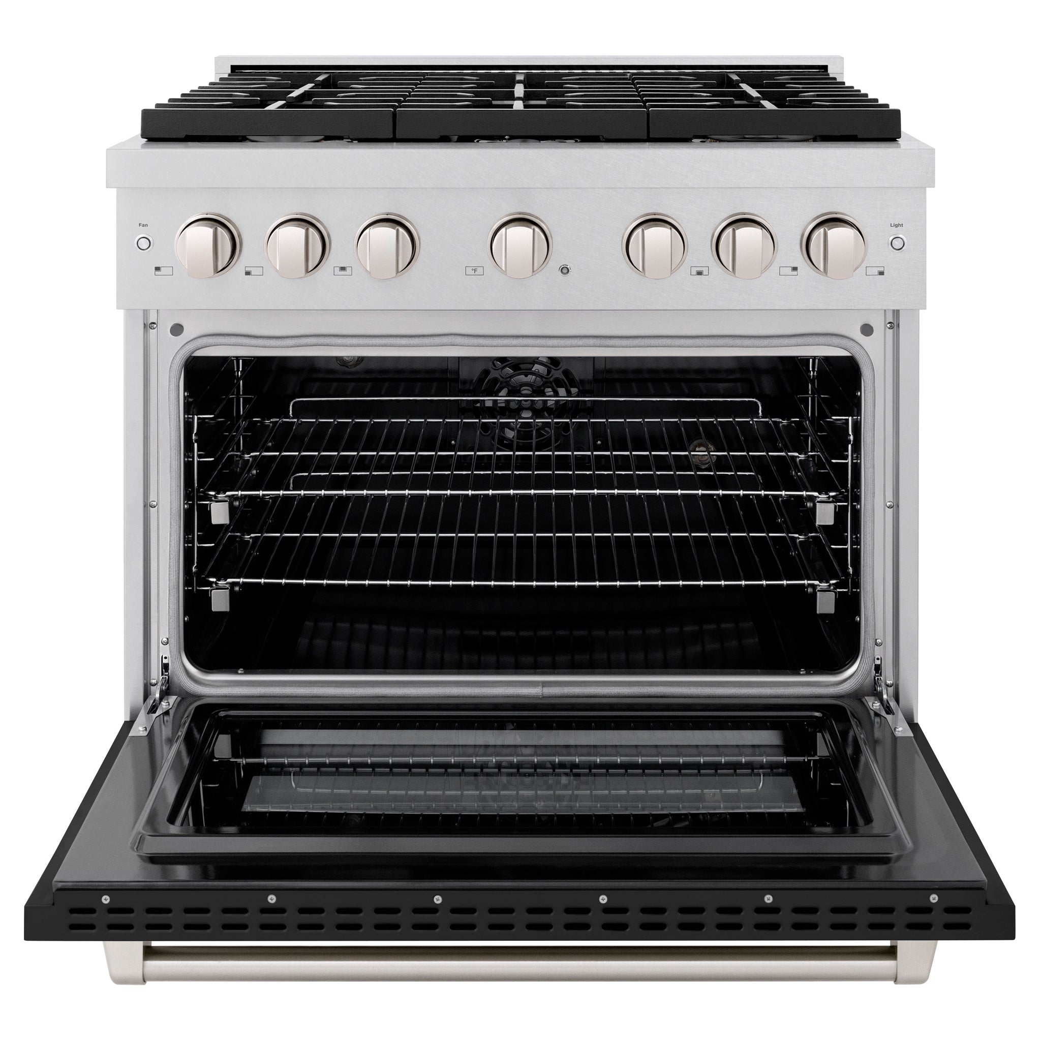 ZLINE 36 in. 5.2 cu. ft. Paramount Dual Fuel Range with 6 Burner Gas Cooktop and Electric Convection Oven in Satin Stainless Steel with Black Matte Door (SDRS-BLM-36)