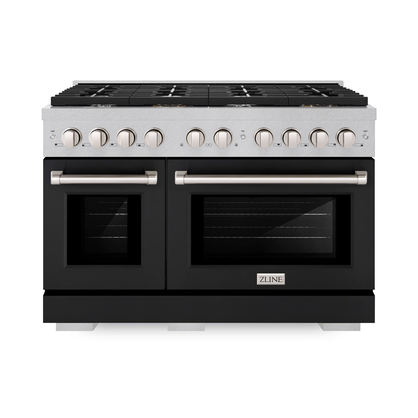 ZLINE 48 in. 6.7 cu. ft. Paramount Double Oven Dual Fuel Range with 8 Burner Gas Cooktop in Satin Stainless Steel with Black Matte Doors (SDRS-BLM-48)