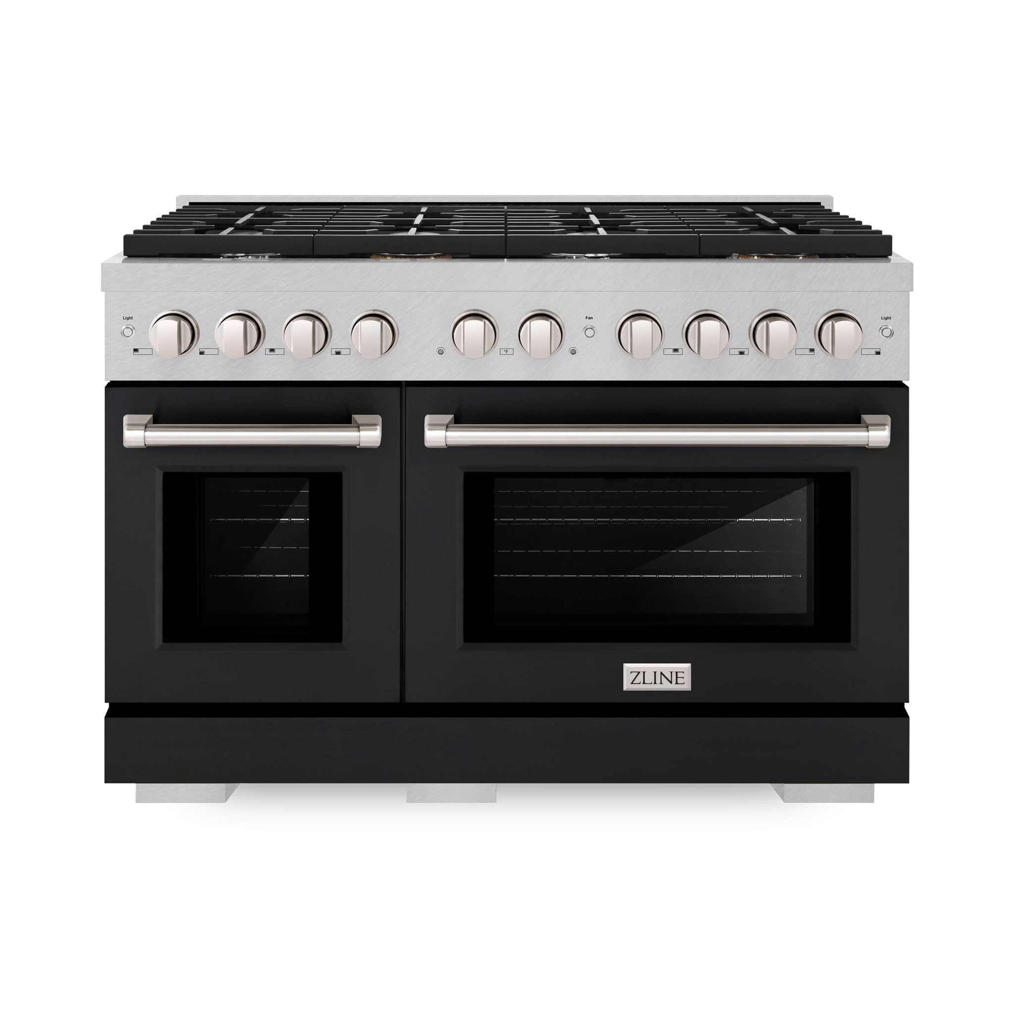 ZLINE 48 in. 6.7 cu. ft. Paramount Double Oven Dual Fuel Range with 8 Burner Gas Cooktop in Satin Stainless Steel with Black Matte Doors (SDRS-BLM-48)