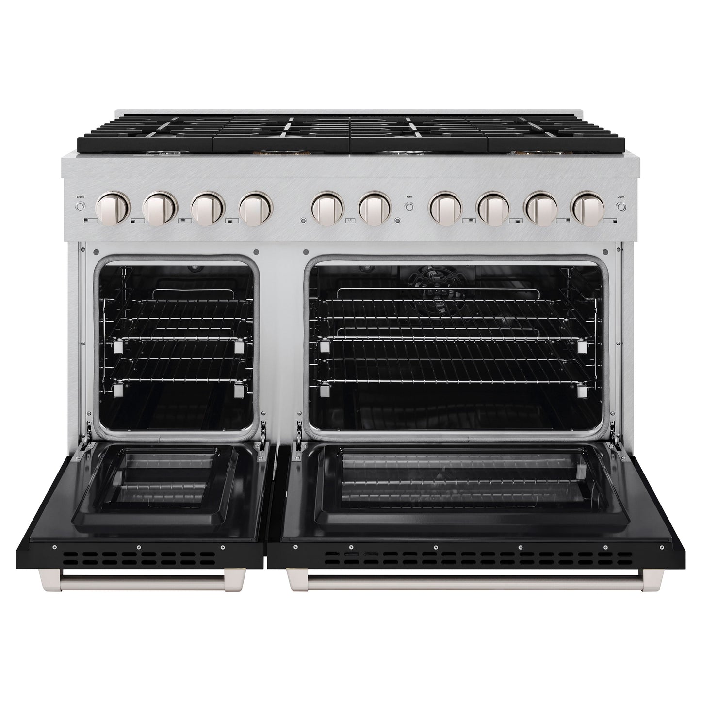 ZLINE 48 in. 6.7 cu. ft. Paramount Double Oven Dual Fuel Range with 8 Burner Gas Cooktop in Satin Stainless Steel with Black Matte Doors (SDRS-BLM-48)