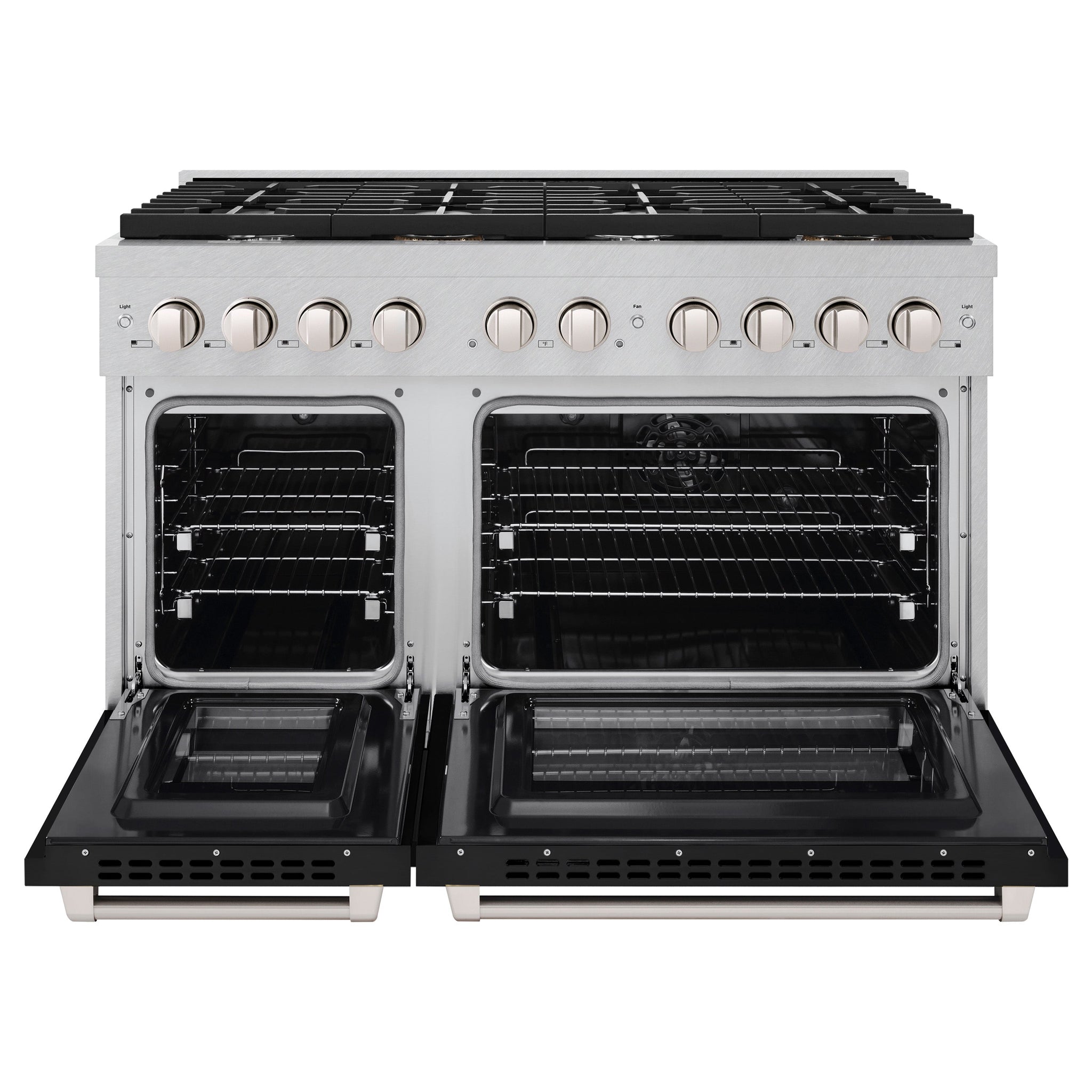 ZLINE 48 in. 6.7 cu. ft. Paramount Double Oven Dual Fuel Range with 8 Burner Gas Cooktop in Satin Stainless Steel with Black Matte Doors (SDRS-BLM-48)