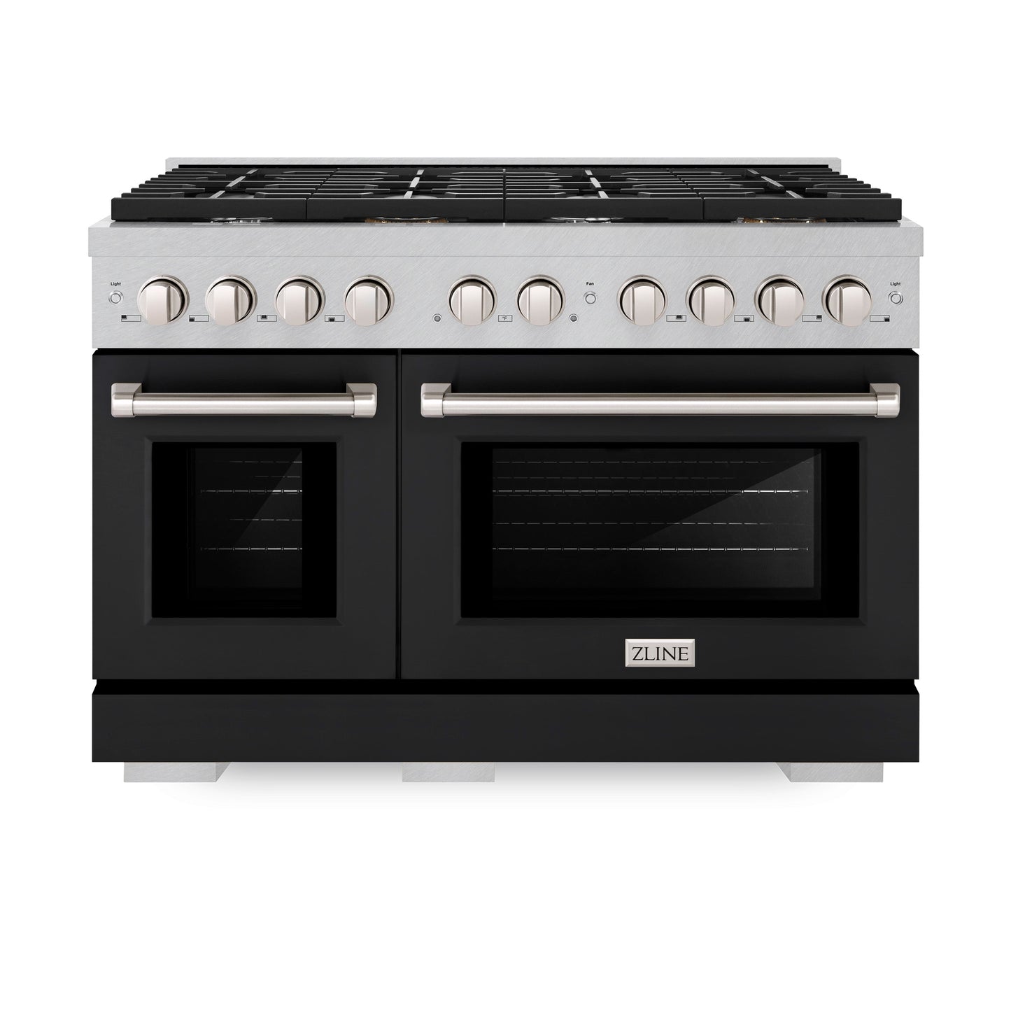 ZLINE 48 in. 6.7 cu. ft. Paramount Double Oven Dual Fuel Range with 8 Burner Gas Cooktop in Satin Stainless Steel with Black Matte Doors (SDRS-BLM-48)