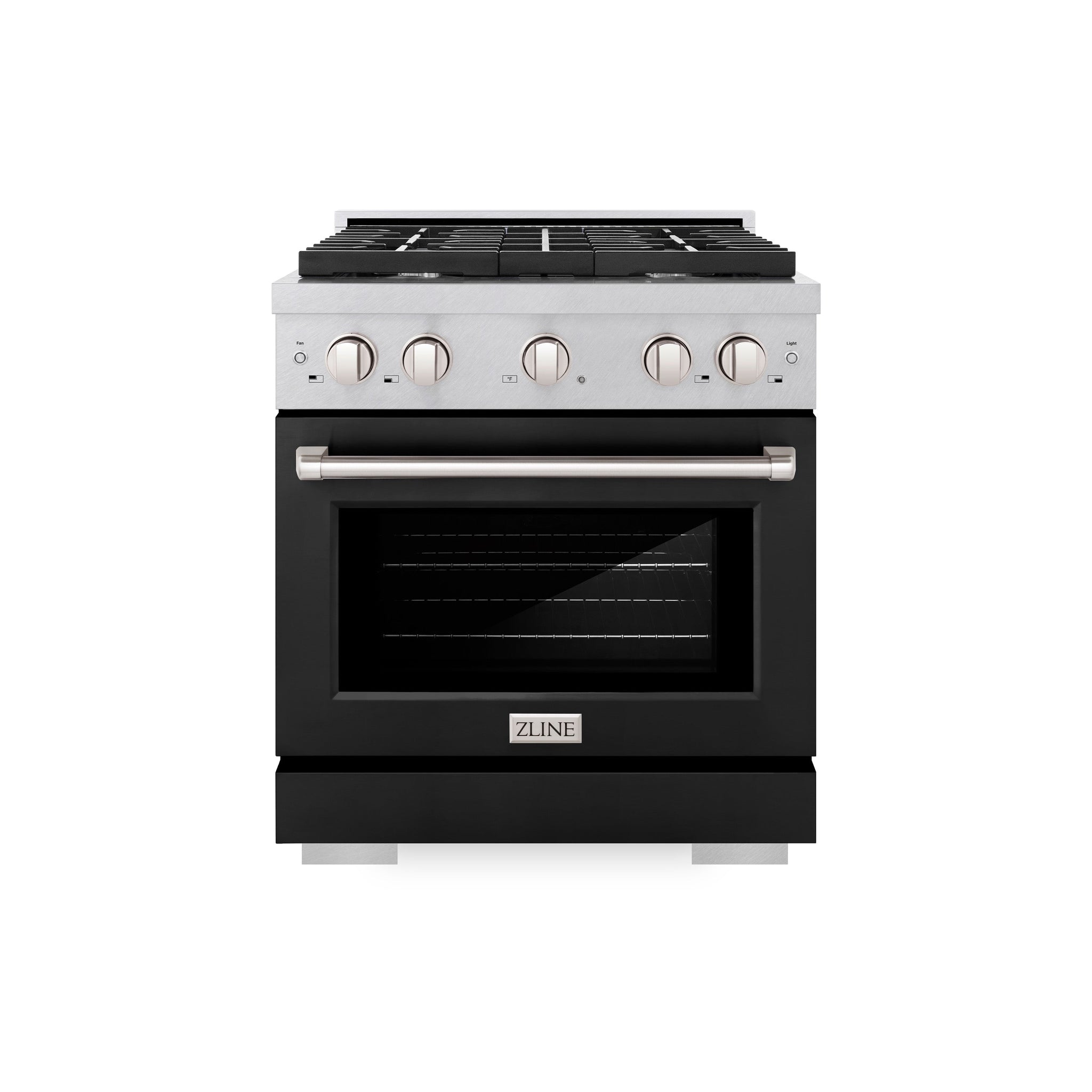 ZLINE 30 in. 4.2 cu. ft. Paramount Gas Range with 4 Burner Cooktop and Convection Gas Oven in Satin Stainless Steel with Black Matte Door (SGRS-BLM-30)