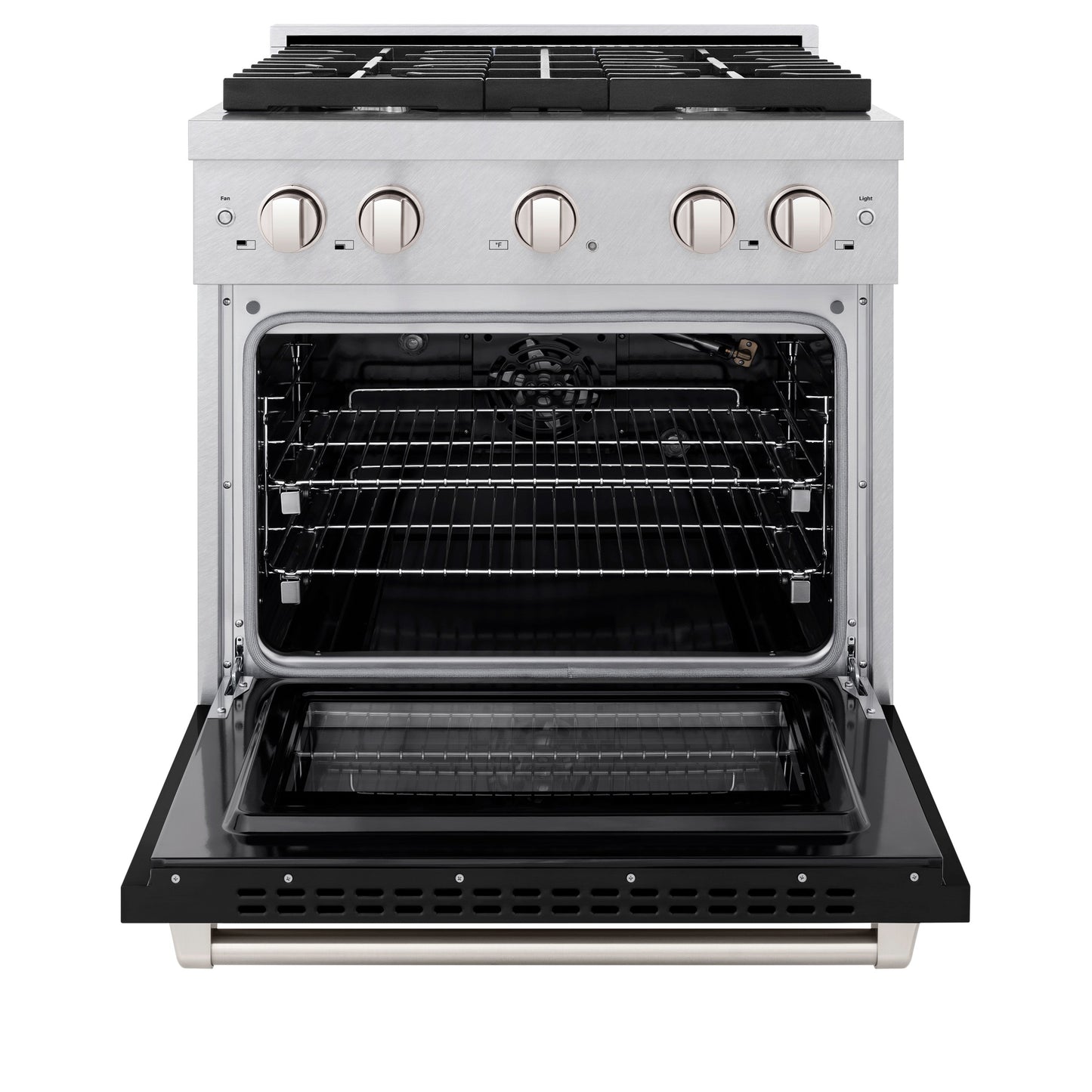 ZLINE 30 in. 4.2 cu. ft. Paramount Gas Range with 4 Burner Cooktop and Convection Gas Oven in Satin Stainless Steel with Black Matte Door (SGRS-BLM-30)
