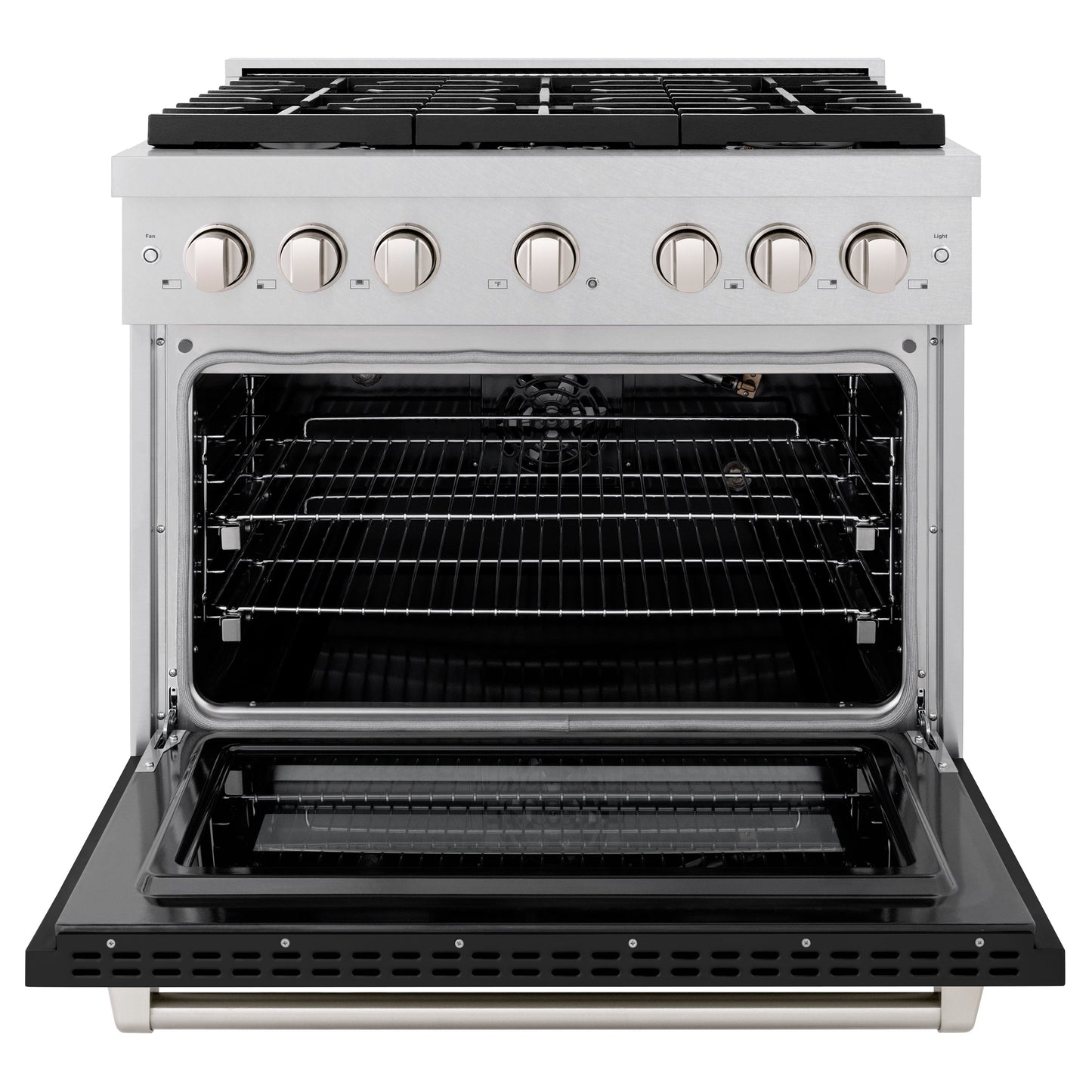 ZLINE 36 in. 5.2 cu. ft. Paramount Gas Range with 6 Burner Cooktop and Convection Gas Oven in Satin Stainless Steel with Black Matte Door (SGRS-BLM-36)