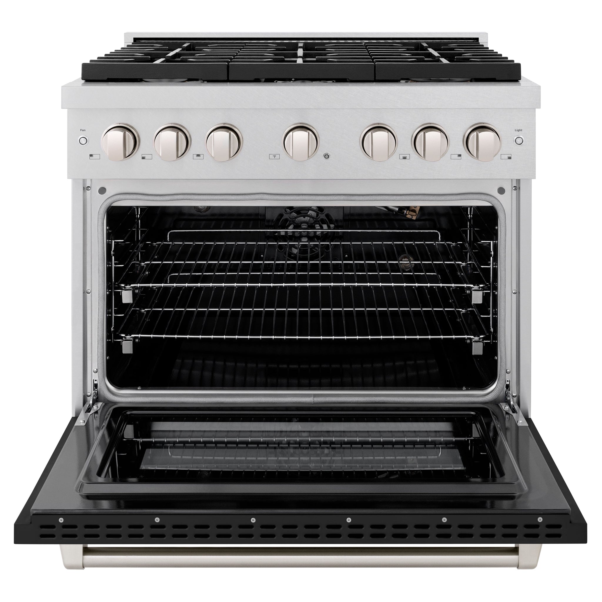 ZLINE 36 in. 5.2 cu. ft. Paramount Gas Range with 6 Burner Cooktop and Convection Gas Oven in Satin Stainless Steel with Black Matte Door (SGRS-BLM-36)