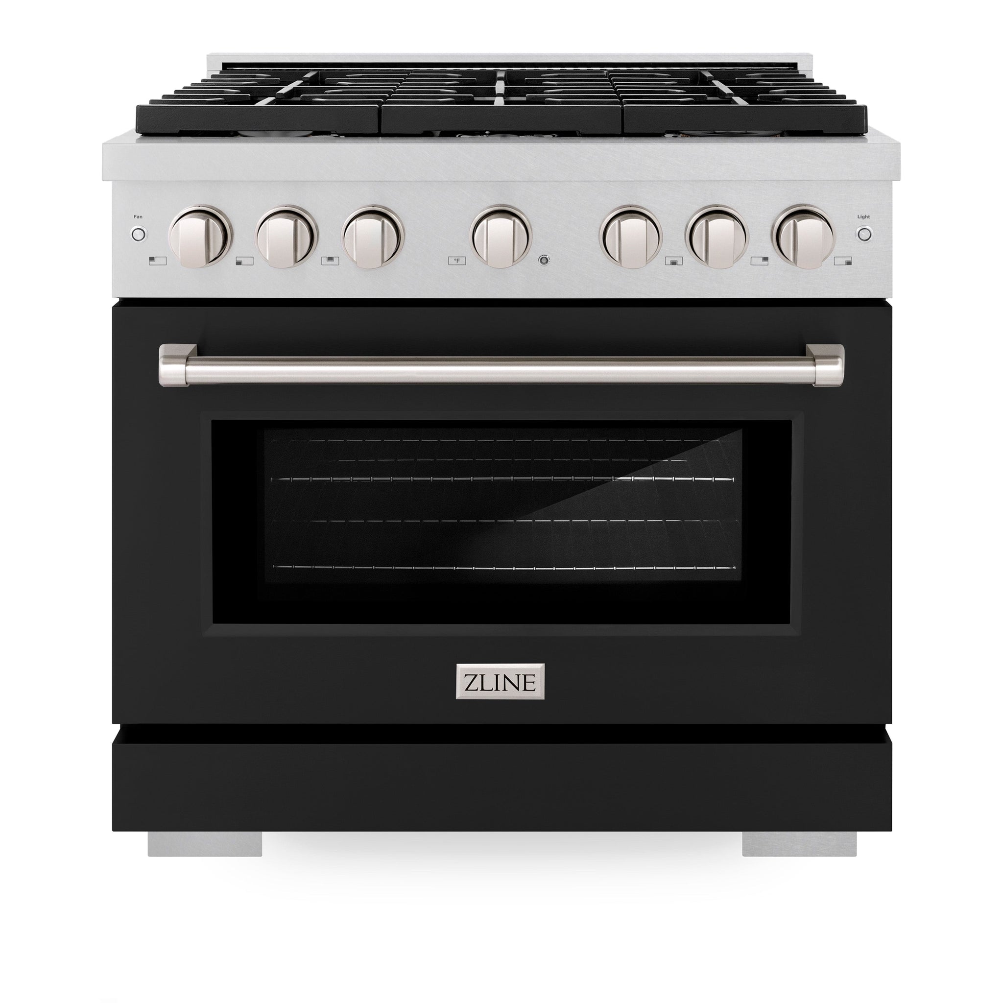 ZLINE 36 in. 5.2 cu. ft. Paramount Gas Range with 6 Burner Cooktop and Convection Gas Oven in Satin Stainless Steel with Black Matte Door (SGRS-BLM-36)