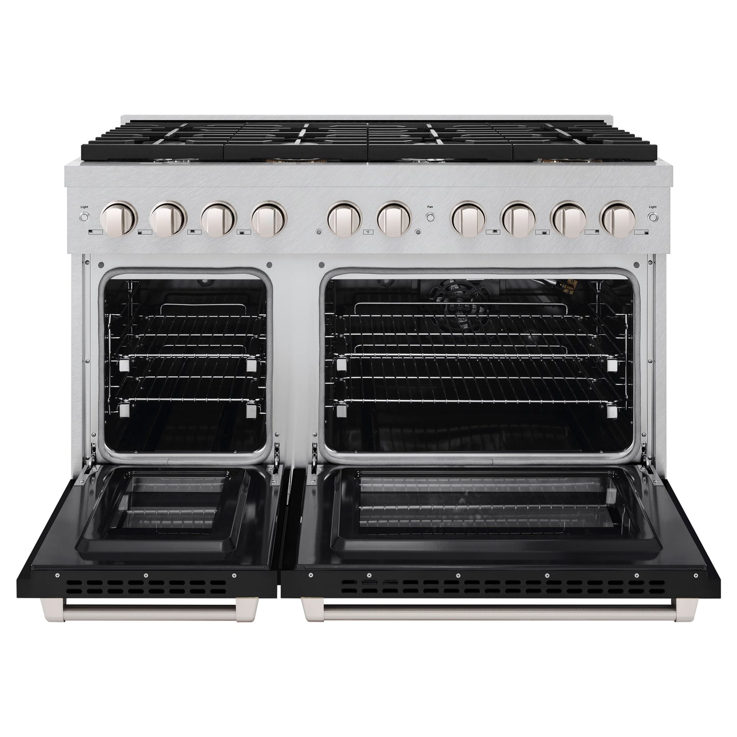 ZLINE 48 in. 6.7 cu. ft. Paramount Double Oven Gas Range with 8 Burner Cooktop in Satin Stainless Steel with Black Matte Doors (SGRS-BLM-48)