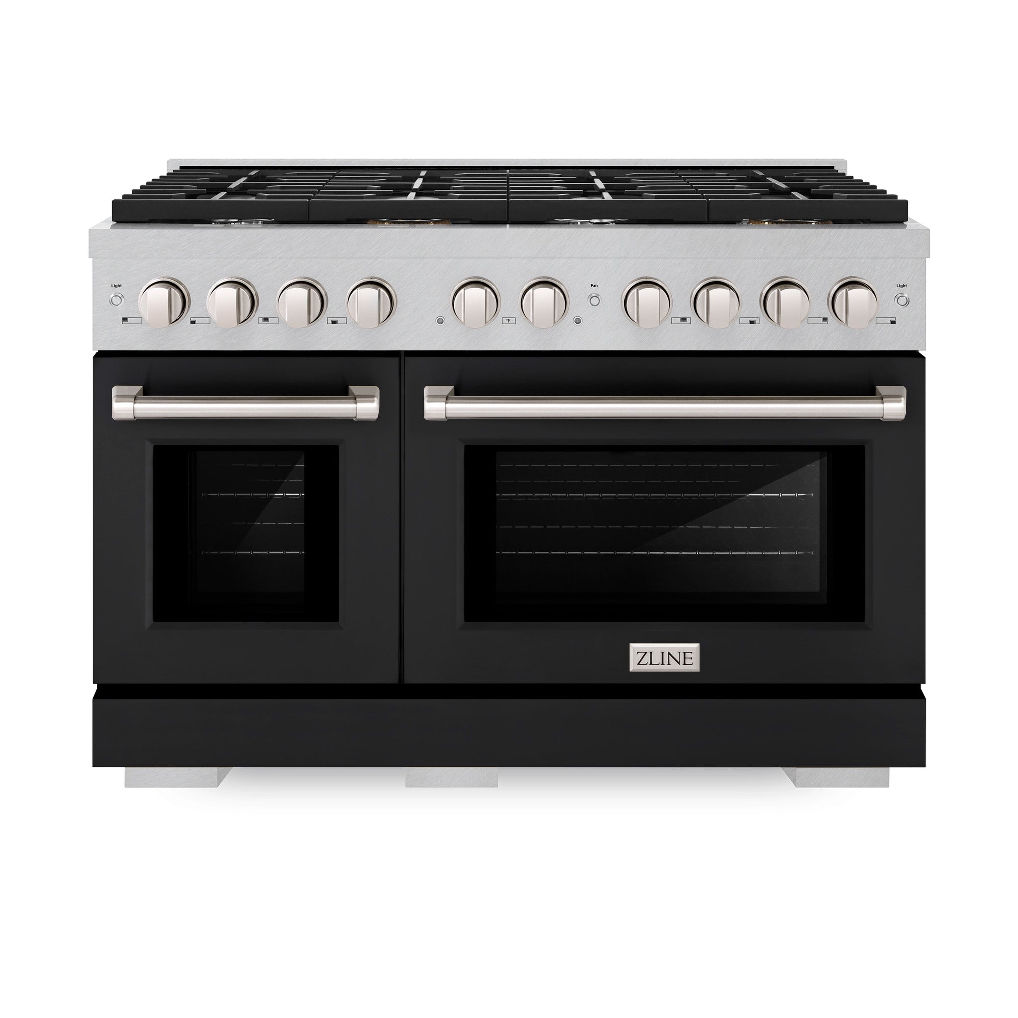 ZLINE 48 in. 6.7 cu. ft. Paramount Double Oven Gas Range with 8 Burner Cooktop in Satin Stainless Steel with Black Matte Doors (SGRS-BLM-48)