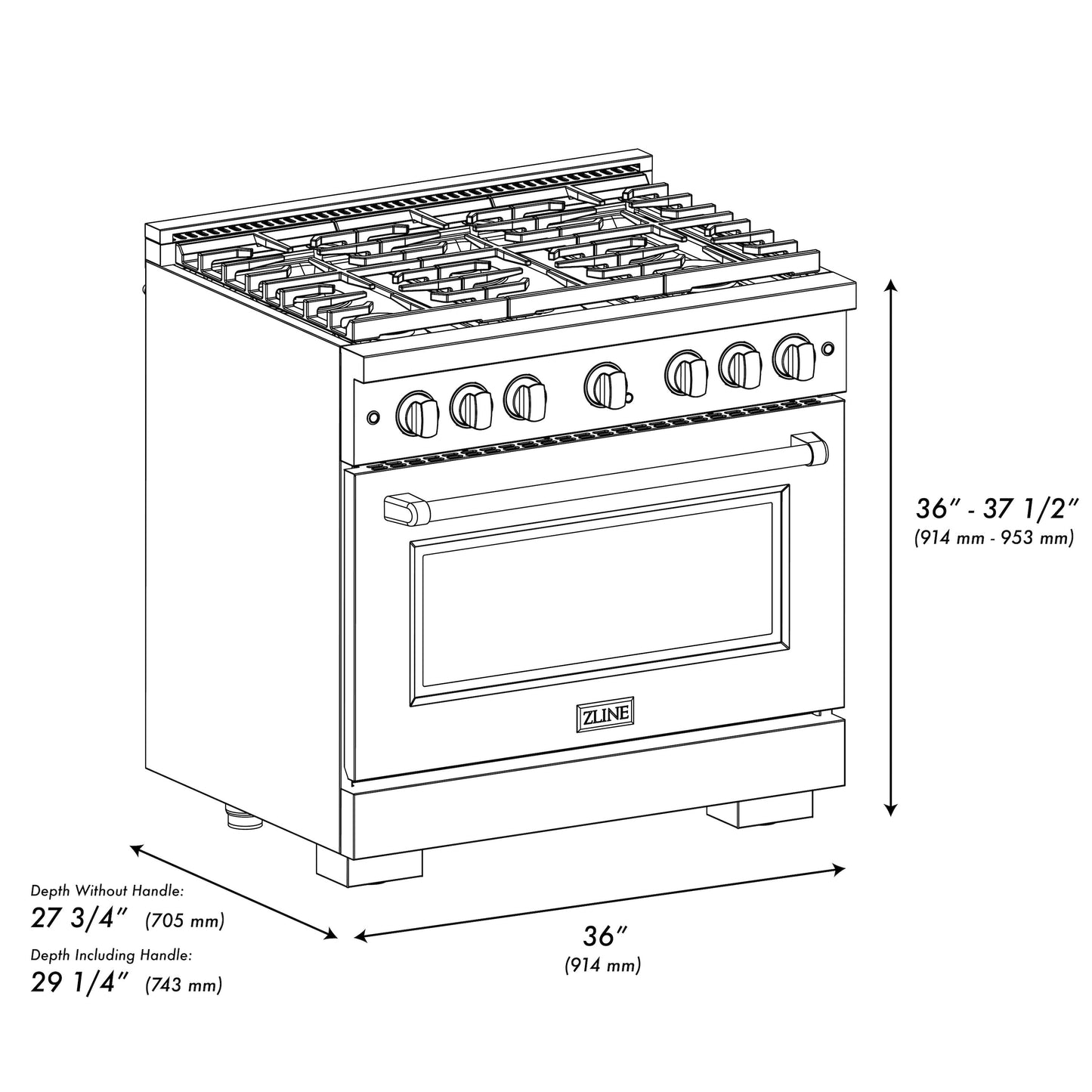 ZLINE 36 in. 5.2 cu. ft. Paramount Gas Range with 6 burner Cooktop and Convection Gas Oven in Satin Stainless Steel (SGRS-36)