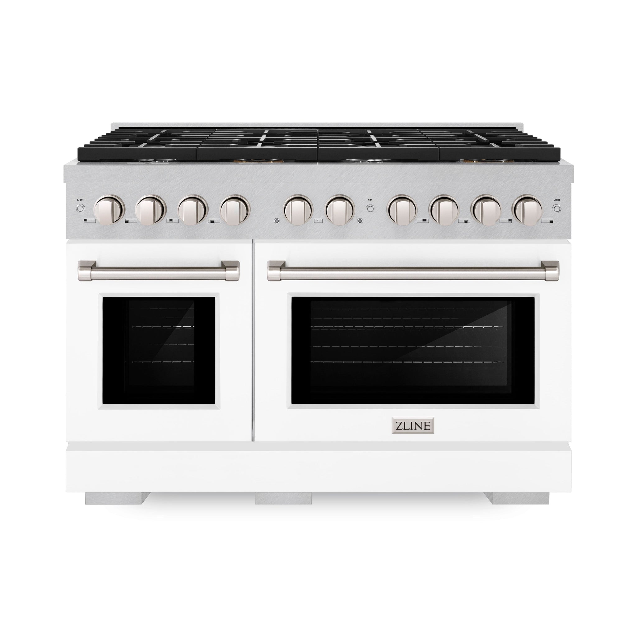 ZLINE 48 in. 6.7 cu. ft. Paramount Double Oven Gas Range with 8 Burner Cooktop in Satin Stainless Steel with White Matte Doors (SGRS-WM-48)