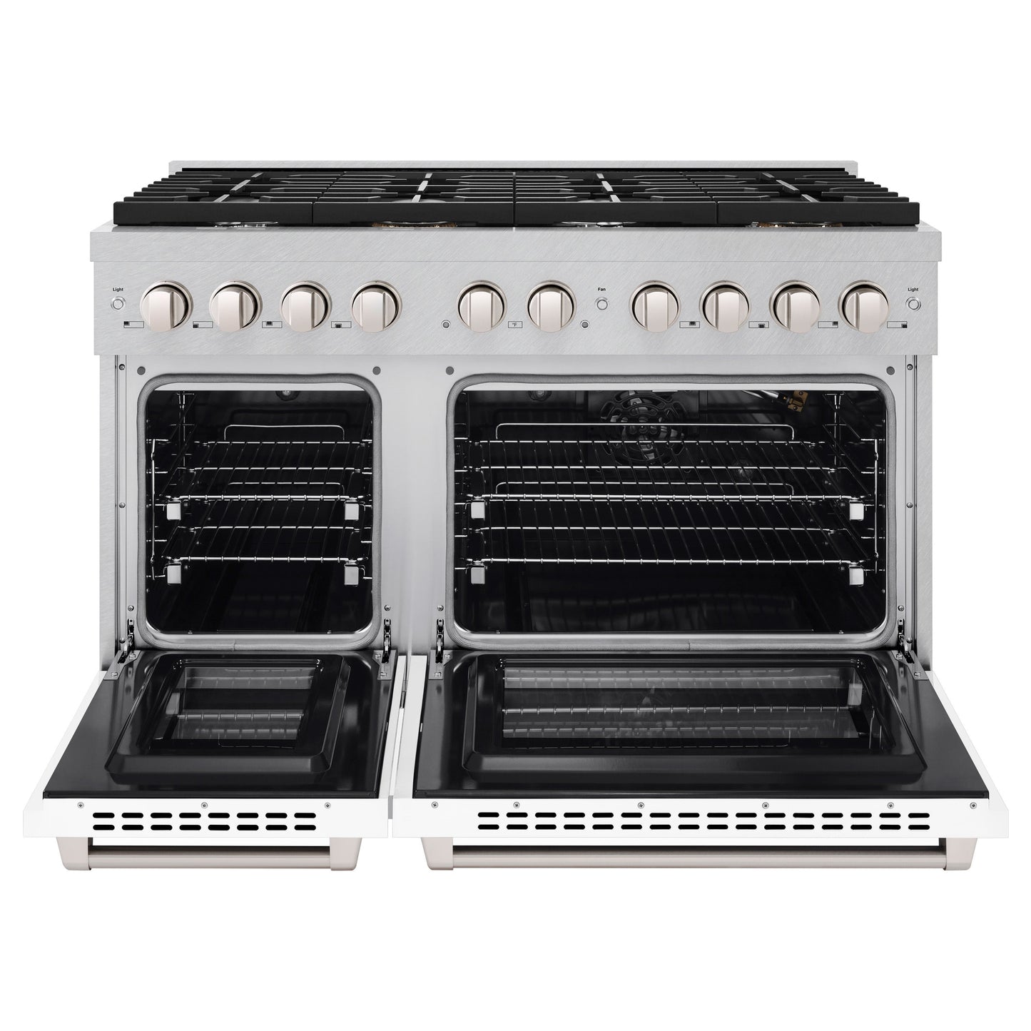ZLINE 48 in. 6.7 cu. ft. Paramount Double Oven Gas Range with 8 Burner Cooktop in Satin Stainless Steel with White Matte Doors (SGRS-WM-48)