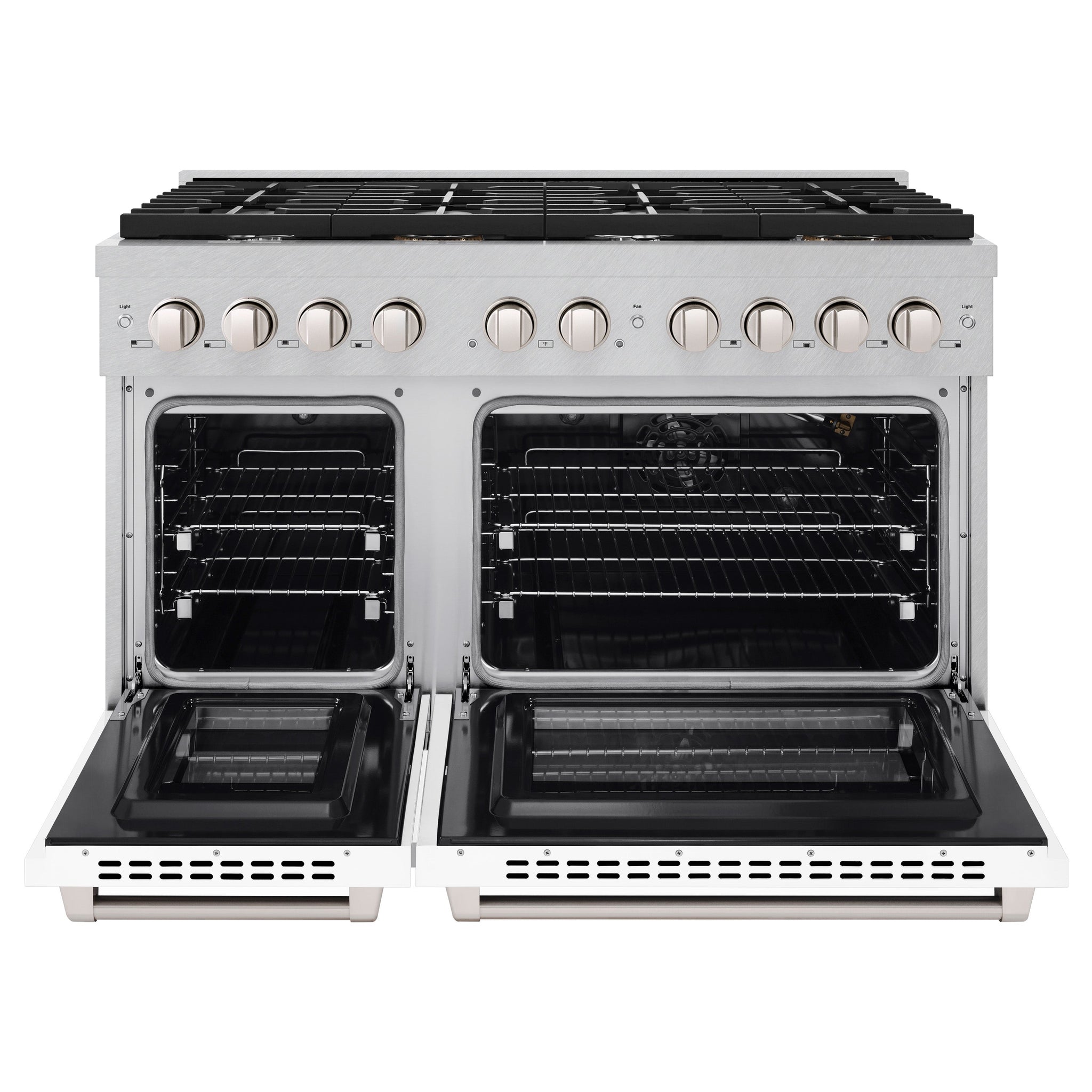 ZLINE 48 in. 6.7 cu. ft. Paramount Double Oven Gas Range with 8 Burner Cooktop in Satin Stainless Steel with White Matte Doors (SGRS-WM-48)