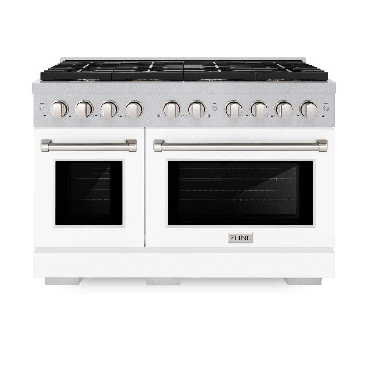 ZLINE 48 in. 6.7 cu. ft. Paramount Double Oven Gas Range with 8 Burner Cooktop in Satin Stainless Steel with White Matte Doors (SGRS-WM-48)