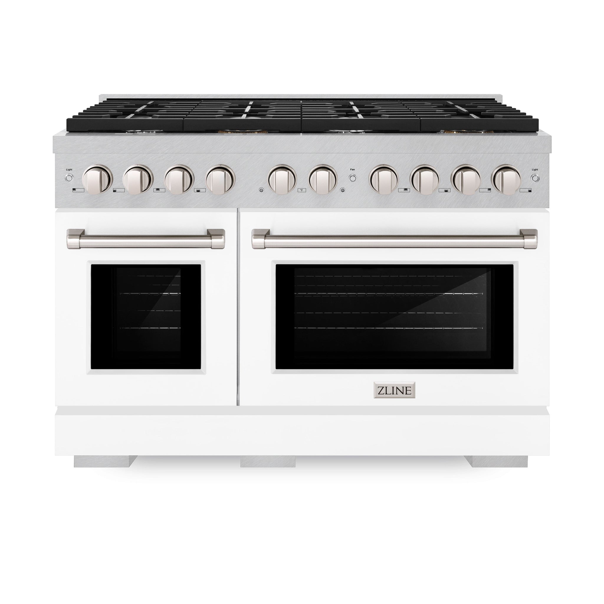 ZLINE 48 in. 6.7 cu. ft. Paramount Double Oven Gas Range with 8 Burner Cooktop in Satin Stainless Steel with White Matte Doors (SGRS-WM-48)