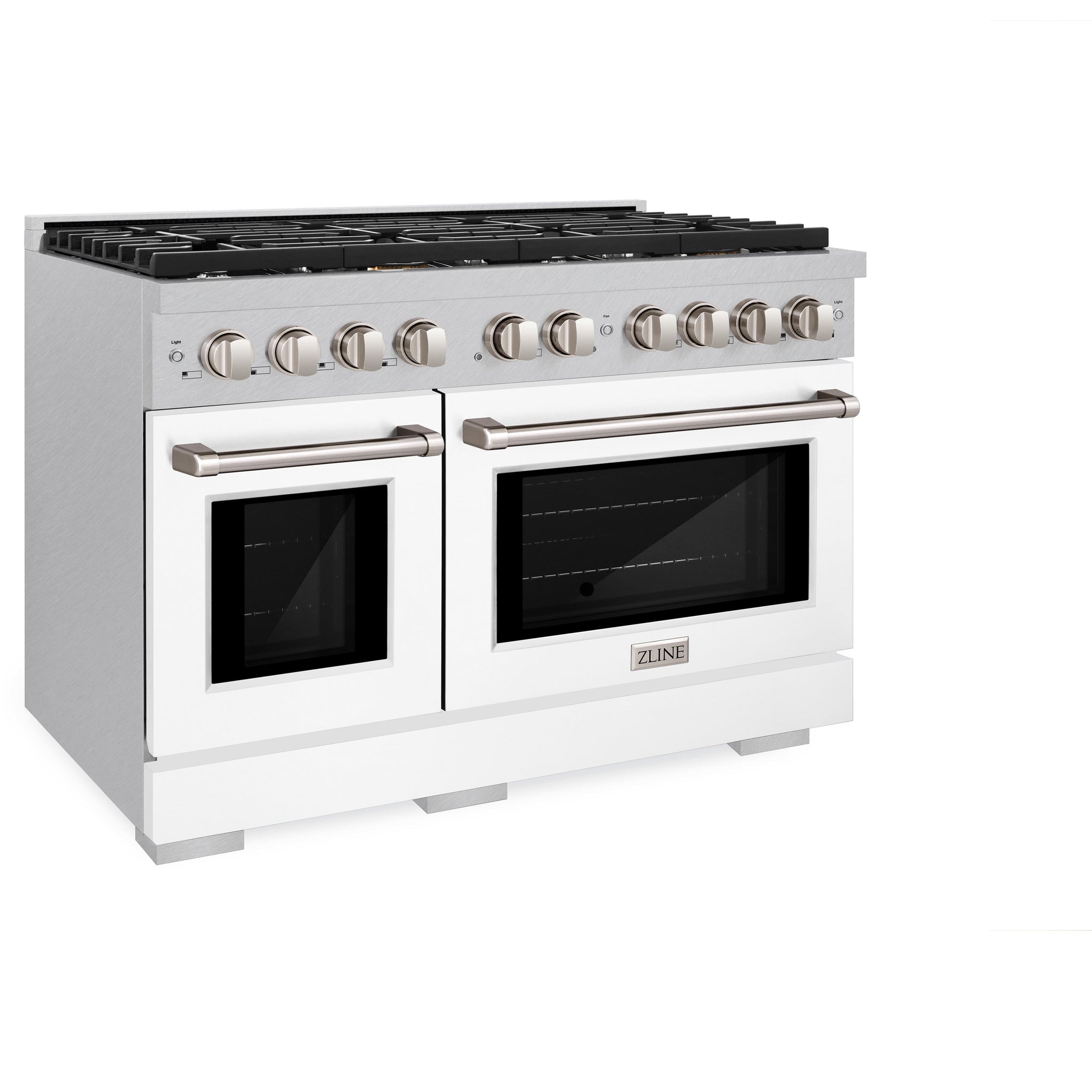 ZLINE 48 in. 6.7 cu. ft. Paramount Double Oven Gas Range with 8 Burner Cooktop in Satin Stainless Steel with White Matte Doors (SGRS-WM-48)