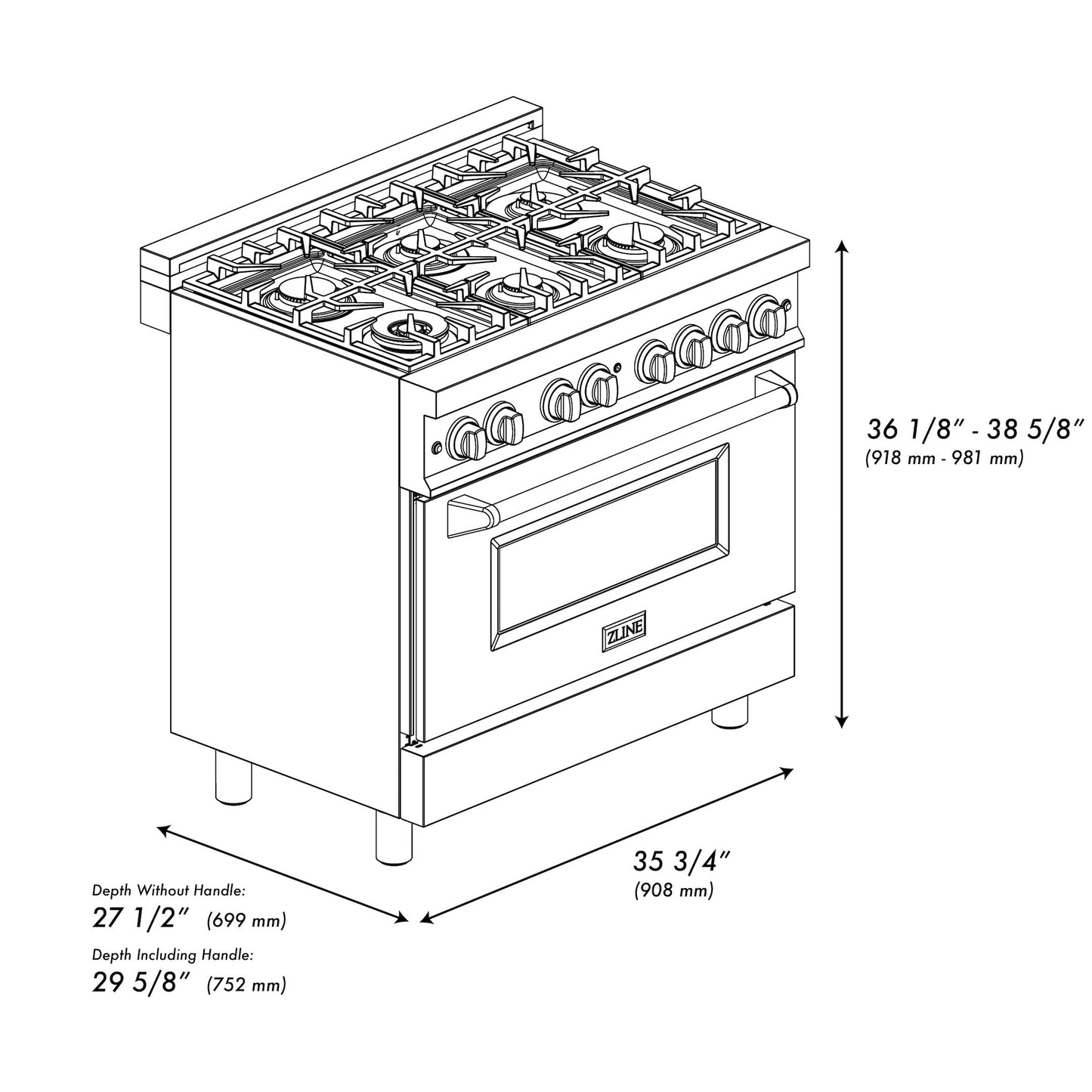 ZLINE 36 in. 4.6 cu. ft. Legacy Dual Fuel Range with 6 Burner Gas Cooktop and Electric Convection Oven in Stainless Steel (RA36)