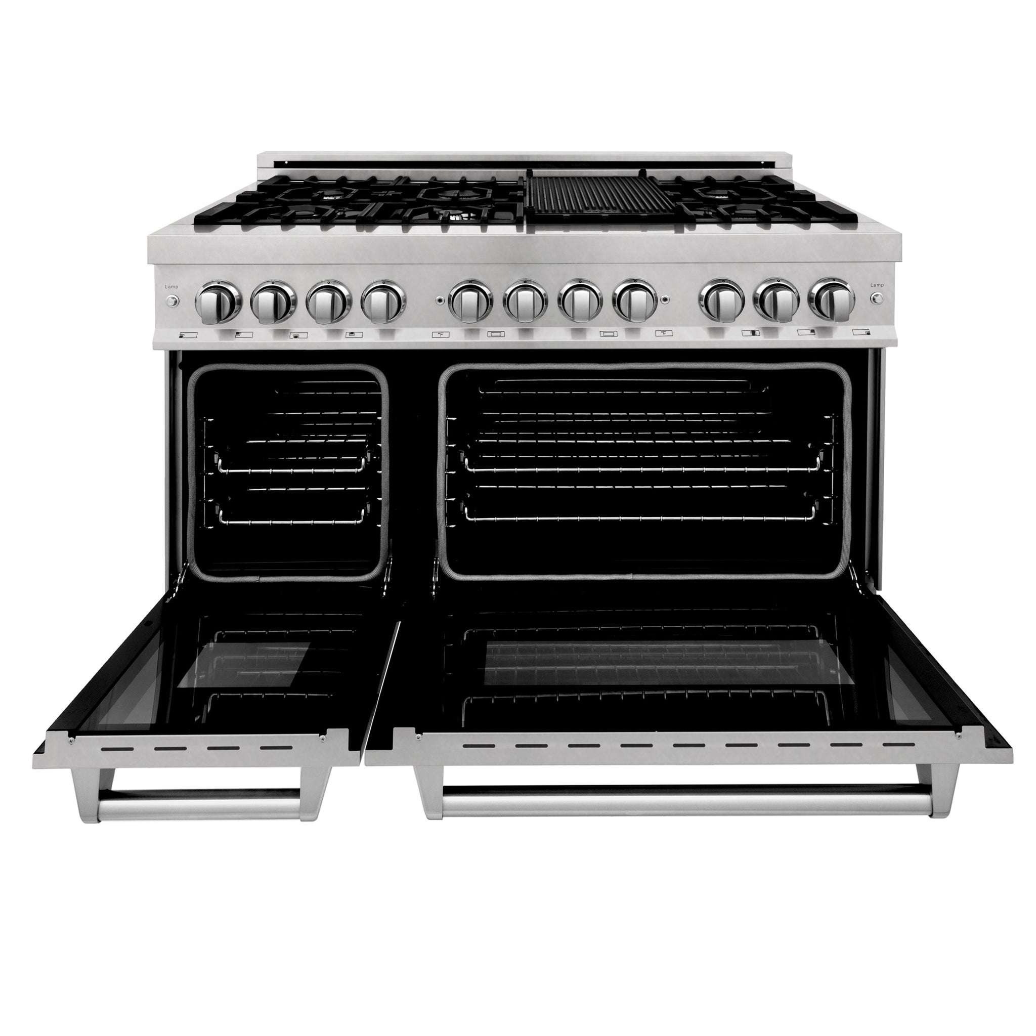 ZLINE 48 in. 6.0 cu. ft. Legacy Dual Fuel Range with 7 Burner Gas Cooktop and 2 Electric Ovens in Satin Stainless Steel with Griddle (RAS-SN-GR-48)