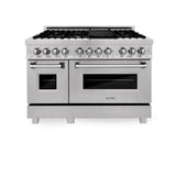 ZLINE 48 in. 6.0 cu. ft. Legacy Dual Fuel Range with 7 Burner Gas Cooktop and 2 Electric Ovens in Satin Stainless Steel with Griddle (RAS-SN-GR-48)