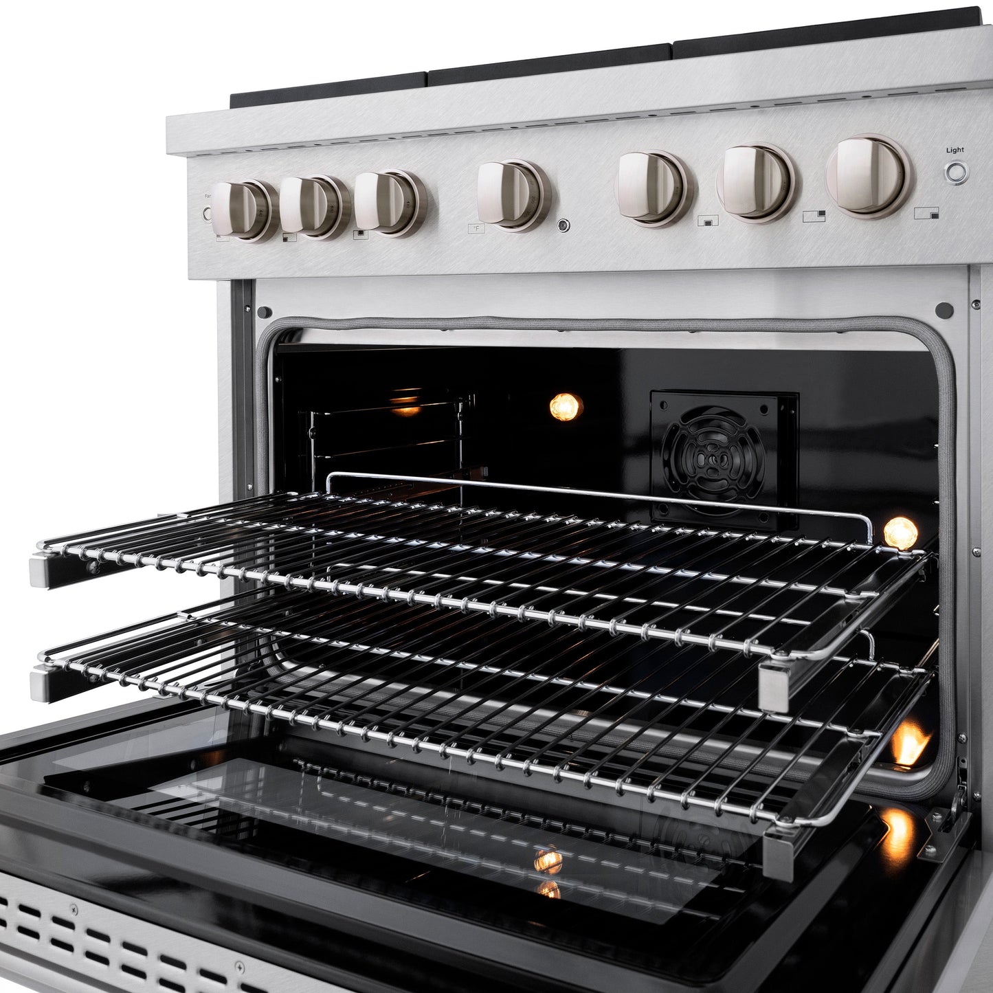 ZLINE 36 in. 5.2 cu. ft. Paramount Dual Fuel Range with Gas Cooktop and Electric Convection Oven in Satin Stainless Steel with 6 Brass Burners (SDRS-BR-36)