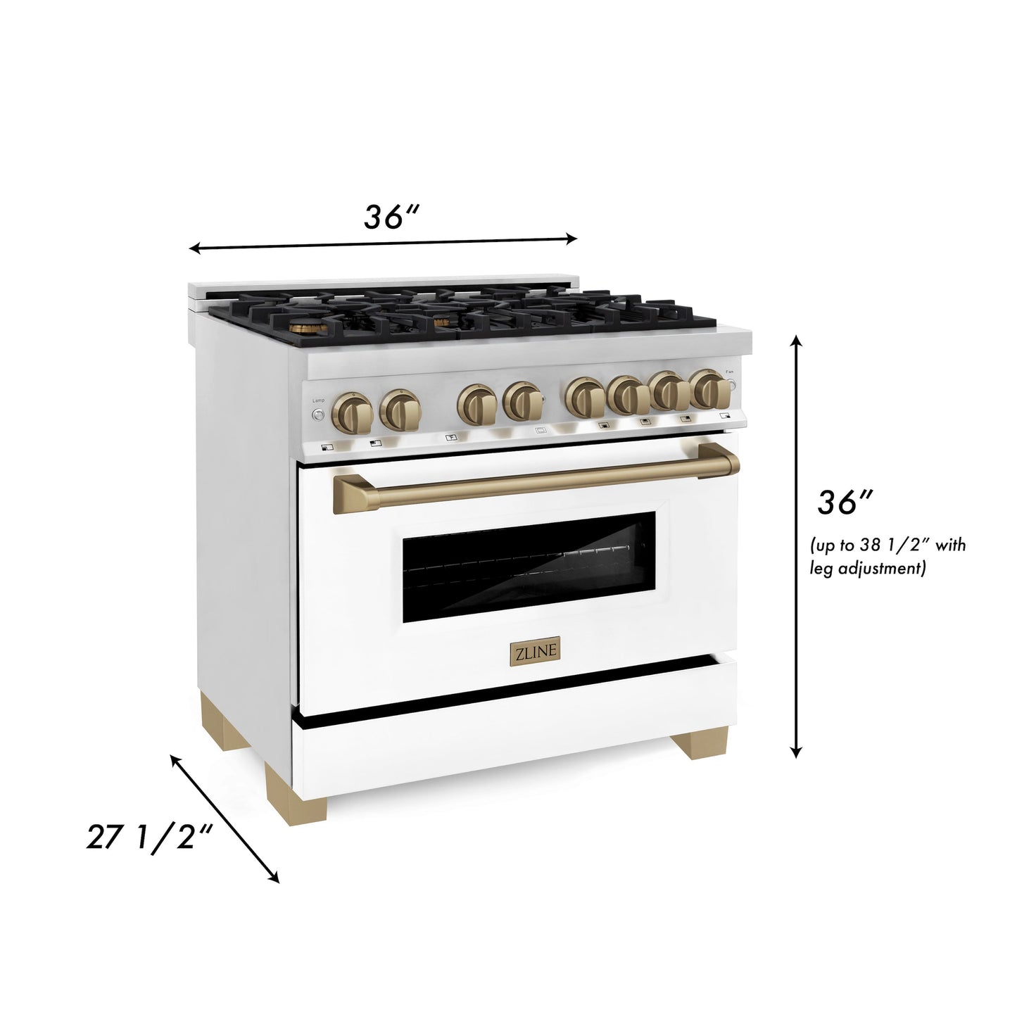 ZLINE Autograph Edition 36 in. Kitchen Package with Stainless Steel Dual Fuel Range with White Matte Door and Range Hood with Champagne Bronze Accents (2AKP-RAWMRH36-CB)