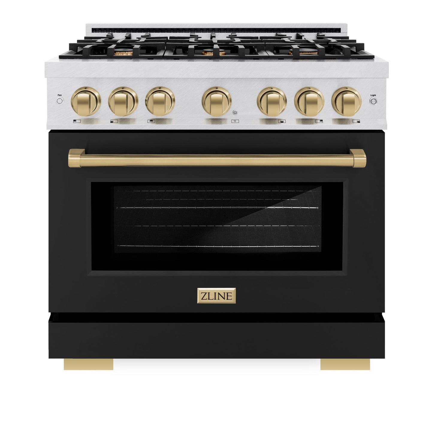 ZLINE Autograph Edition 36 in. 5.2 cu. ft. Select Dual Fuel Range with 6 Burner Gas Cooktop and Electric Convection Oven in Satin Stainless Steel with Black Matte Door and Champagne Bronze Accents (HDRSZ-BLM-36-CB)