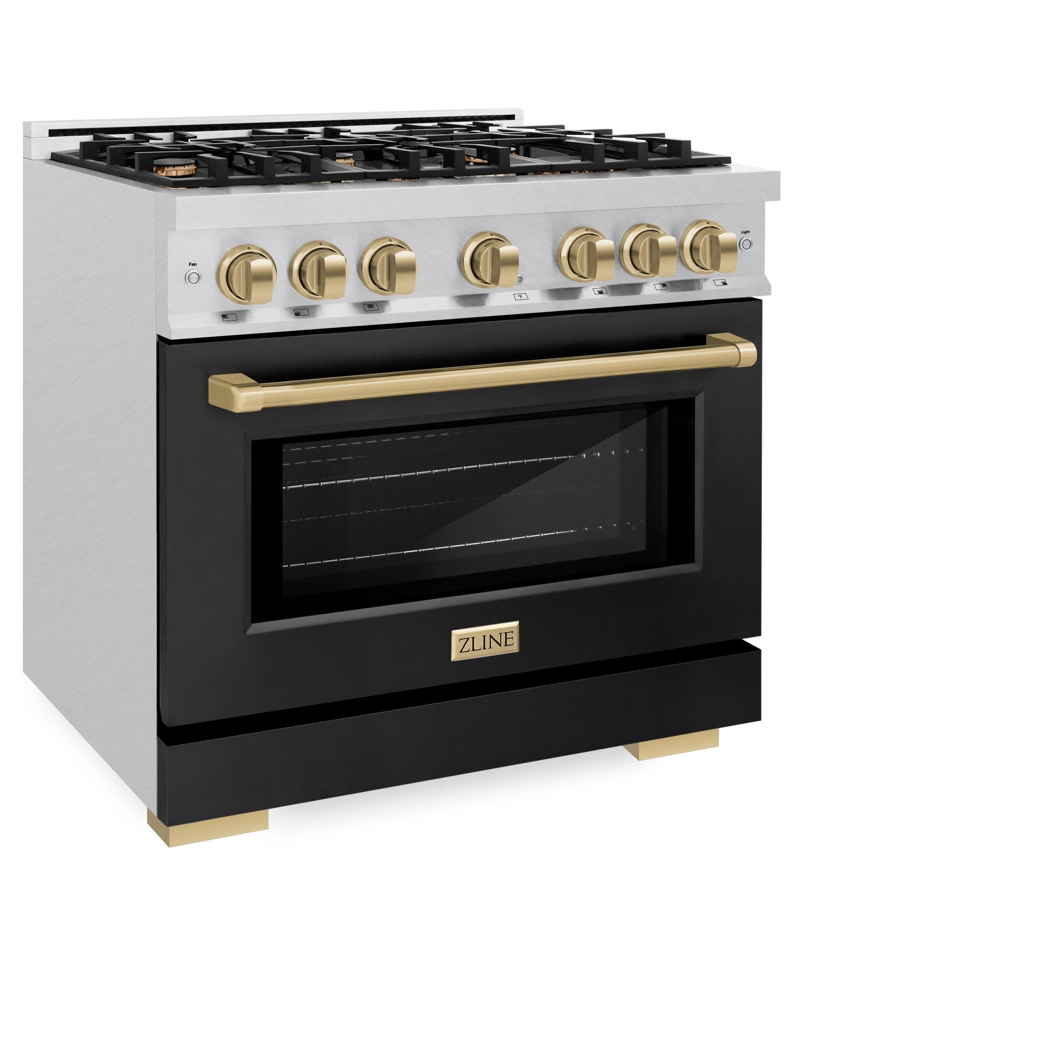ZLINE Autograph Edition 36 in. 5.2 cu. ft. Select Dual Fuel Range with 6 Burner Gas Cooktop and Electric Convection Oven in Satin Stainless Steel with Black Matte Door and Champagne Bronze Accents (HDRSZ-BLM-36-CB)